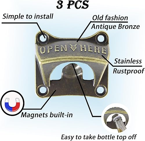 Miniatura 2 de Abridor magnético de botellas de cerveza antiguo montado en la pared con imanes, bronce antiguo, regalo (paquete de 3)
