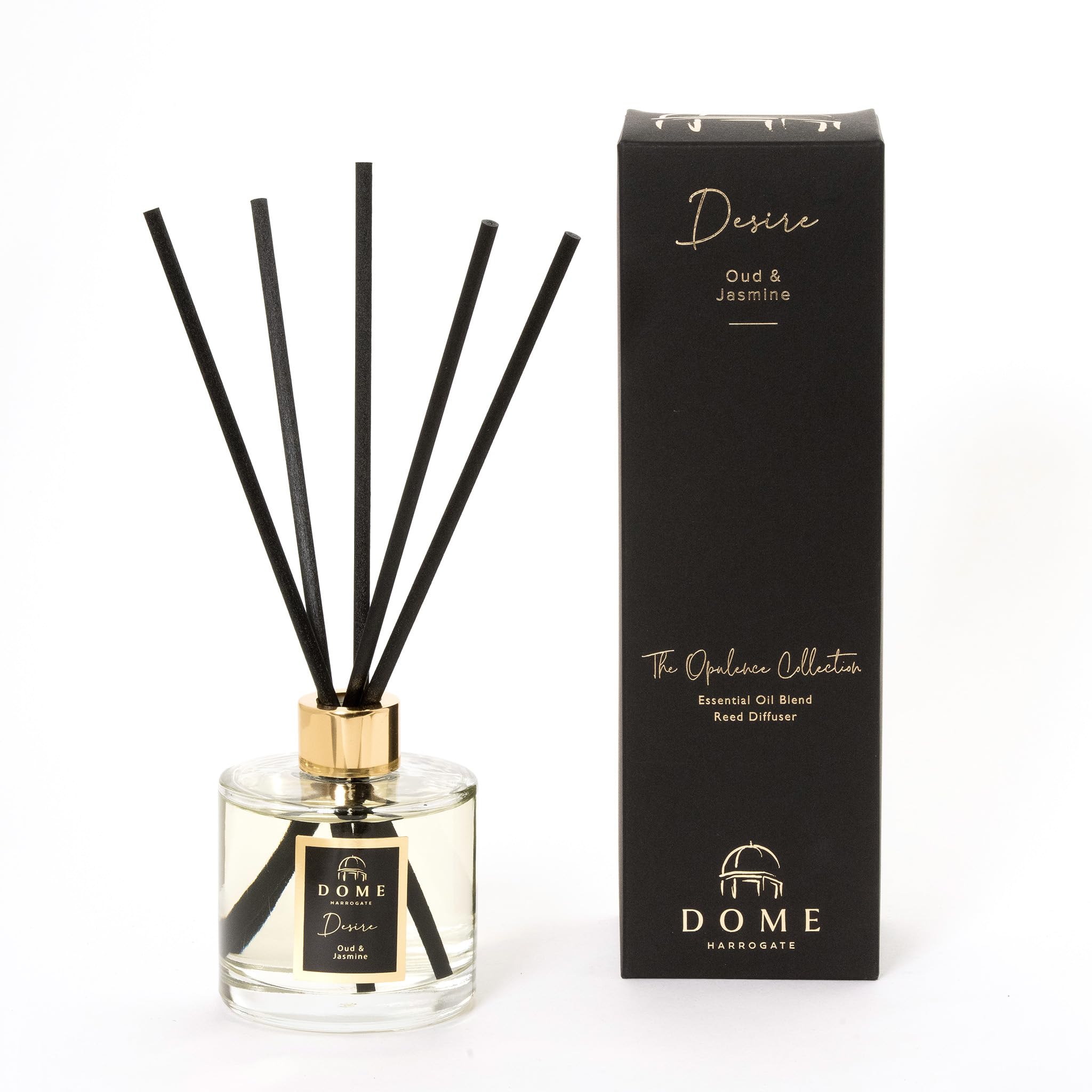 Dome of Harrogate | Desire Diffuser – Oud & Jasmine Reed Diffuser | Luxury Diffuser with Long Black Reeds | Rich Oud, Jasmine & Rose Fragrance | Opulence Home Scent Statement Piece