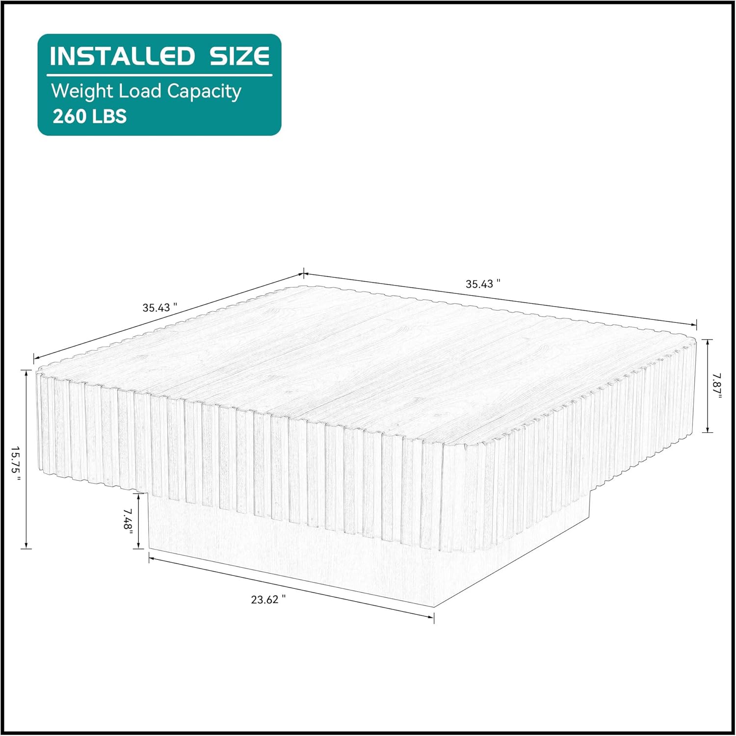 kevinplus 35.43'' Walnut Square Coffee Table for Living Room, Modern Wood Drum Pedestal Flute Embossment Coffee Table, Easy Assembly, Walnut