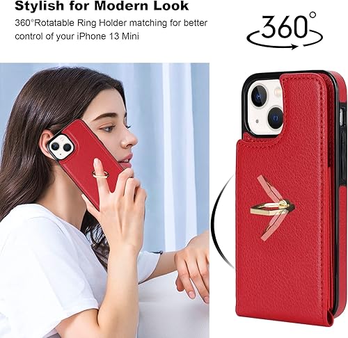 Miniatura 9 de Folosu Funda compatible con iPhone 13 Mini con soporte para tarjetas, rotación de 360, soporte de anillo de dedo con función atril, protección RFID,
