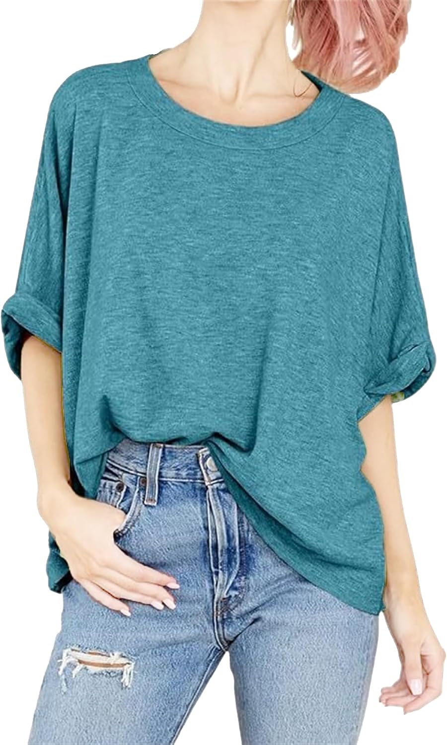 Womens Oversized Short Sleeve T-Shirt Summer Casual Crew Neck Tunic Tops Solid Color Loose Basic Tee Shirt