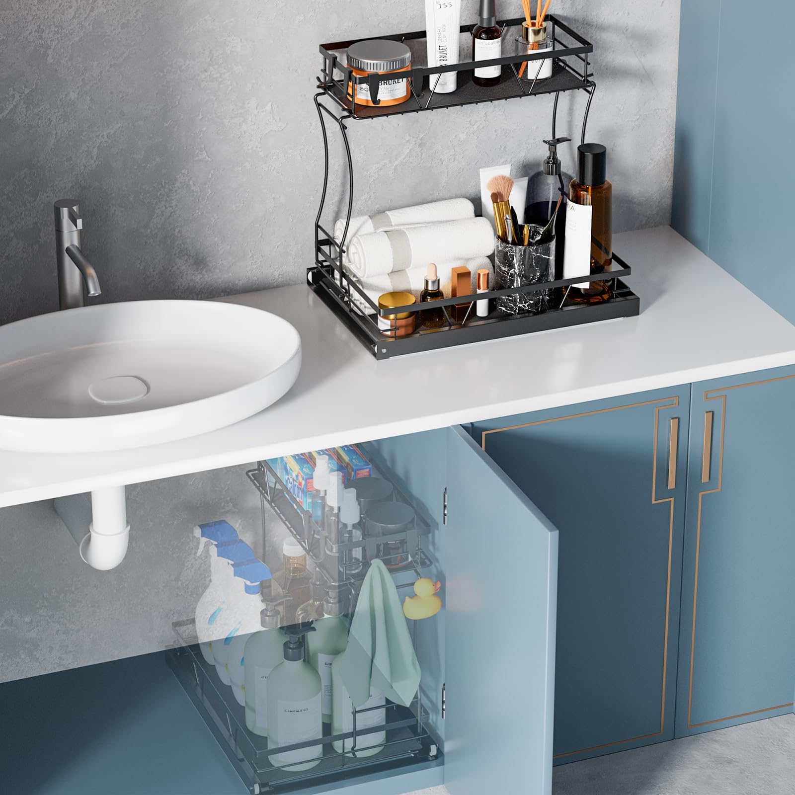 VERIFOST Under Sink Organizer, 2 Tier Under Sink Organizers and Storage, L Shaped Under Sink Pull Out Shelf Organizer, Multi-use Under Sink Storage for Kitchen Bathroom Cabinet, Black