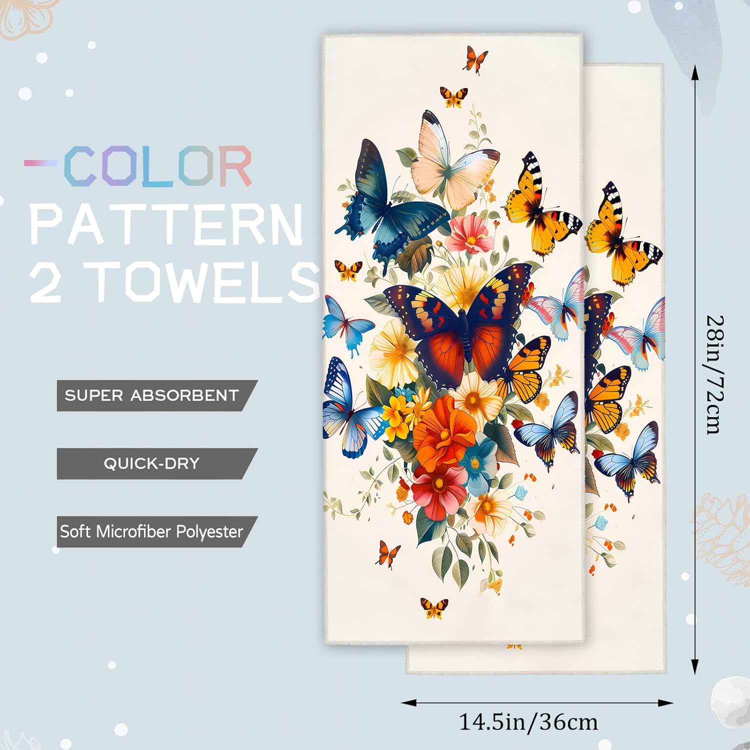 Retro Butterfly Floral Hand Towels - 2 Pack, 14.5" X 28",Soft Microfiber Polyester Vintage Towel Set with Vibrant Butterfly Flower Pattern,for Classic Bathroom Kitchen Spa Hotel Decor Gifts - Image 2