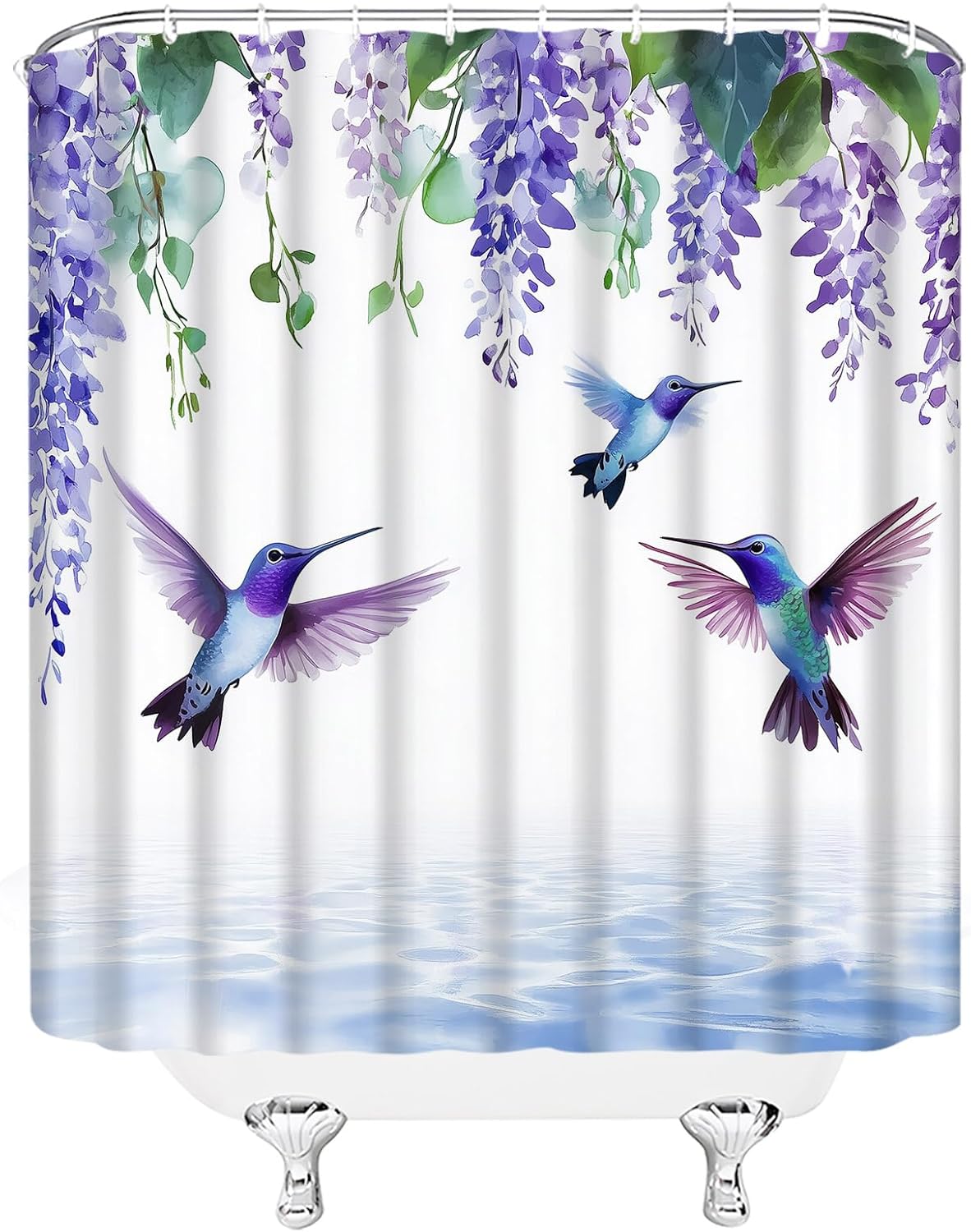 Hummingbird Leaves Shower Curtain Purple Wisteria Floral Weeping Blossom Green Vine Leaves Dreamy 70" Wx84 H Fabric Bathroom Decor Curtain with Hooks