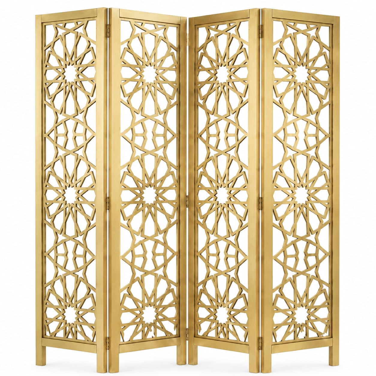 decorative folding room divider, 71" tall privacy screen, laser cut mdf partition divider, freestanding folding screen for bedroom, living room & office, 2/3/4 panels, multi colours (gold 4 panel)