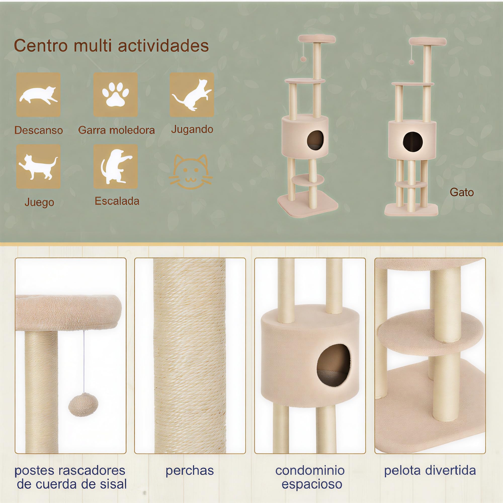 PawHut Árbol Rascador para Gatos Altura 148 cm con 3 Plataformas Beige | Árbol de Actividades para Gatos, Torre, Postes de Sisal, Casita, Bola Colgante