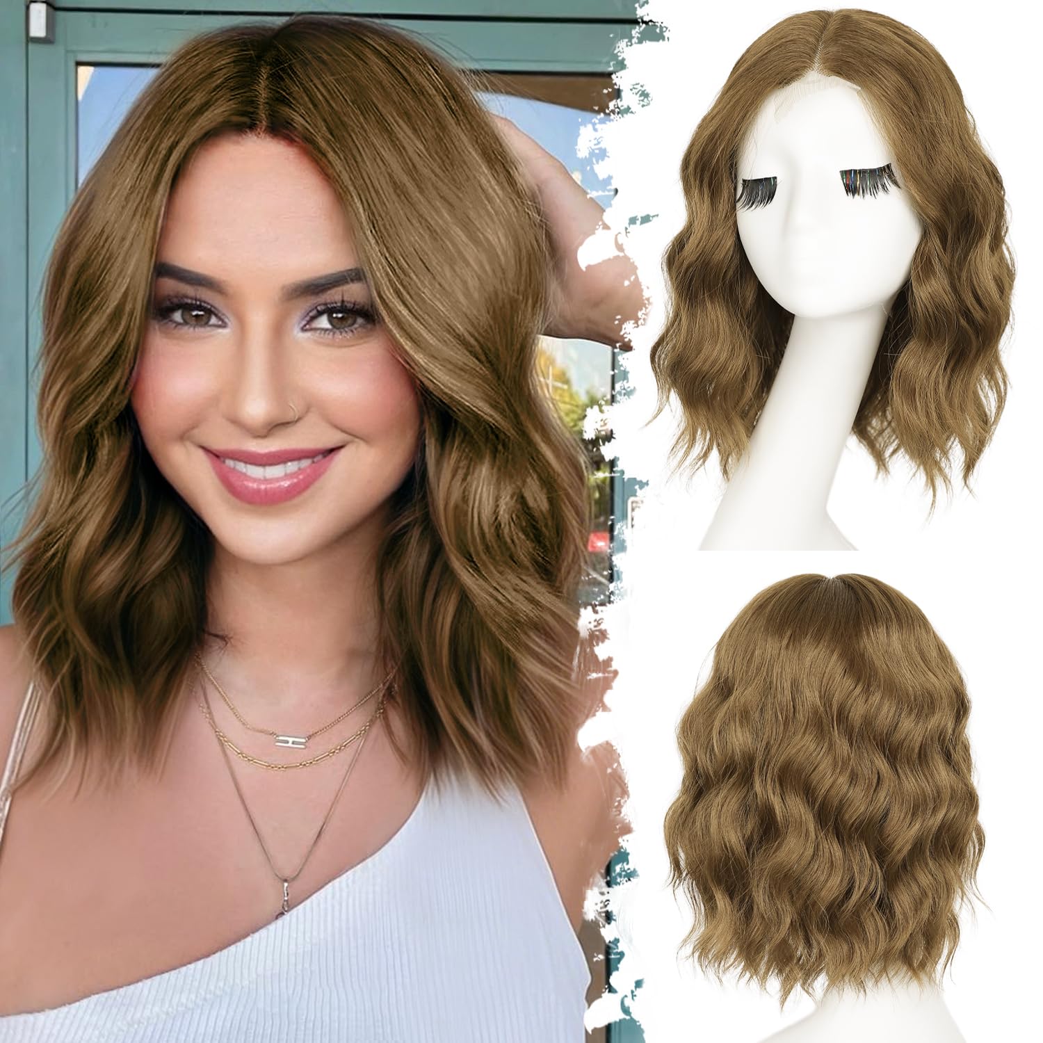 Eawwii Light Ash Brown Short Wavy Wig for Women Lace Hairline Bob Style Synthetic Heat Resistant - Natural Appearance for Everyday Hairstyle 14 Inch