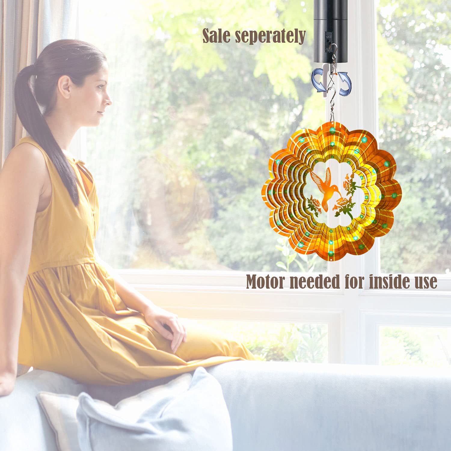 Éolienne en forme de colibri 30,5 cm en acier inoxydable 3D - Décoration mandala - Découpe au laser - Motif géométrique - Décoration d'intérieur et d'extérieur