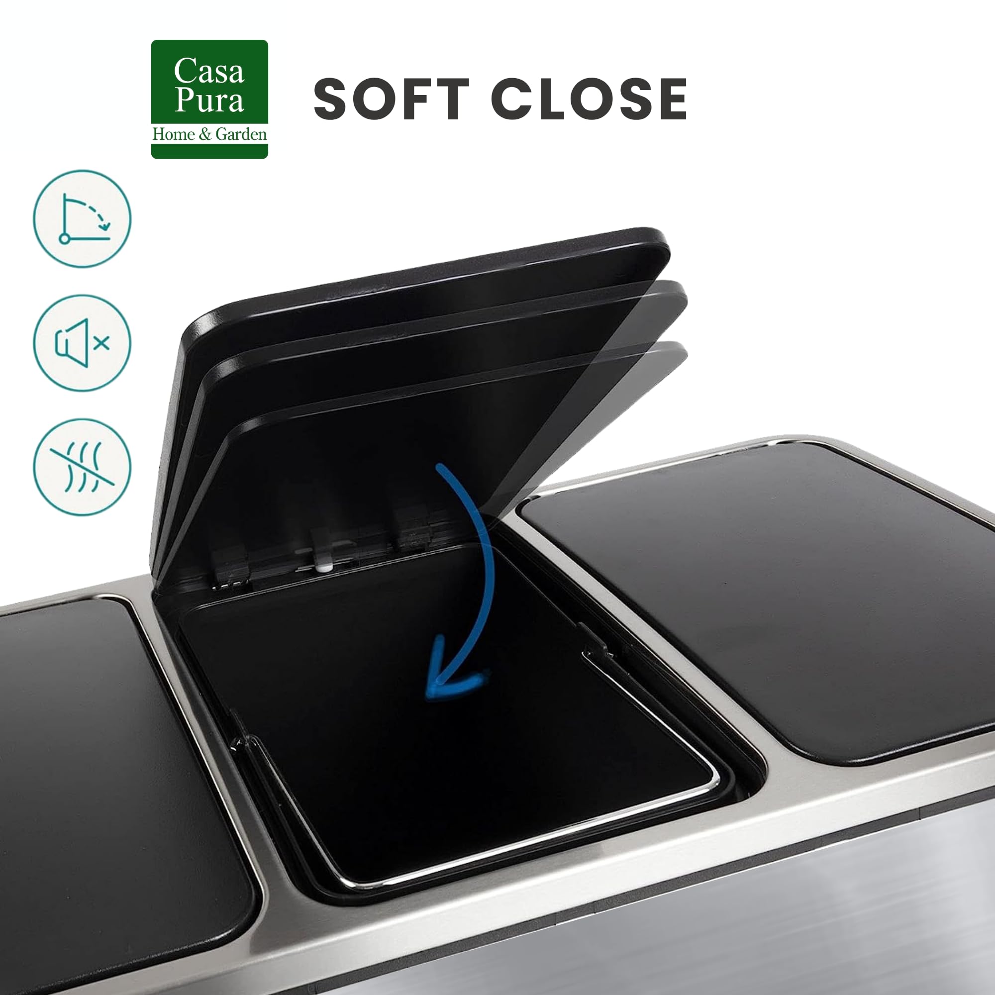 casa pura Mülleimer Küche 2×15L Edelstahl | 2-Fach Mülltrennsystem, Treteimer Küche, Metall, Soft-Close, luftdicht, Kunststoff-Inneneimer, Klappdeckel – (Felix)