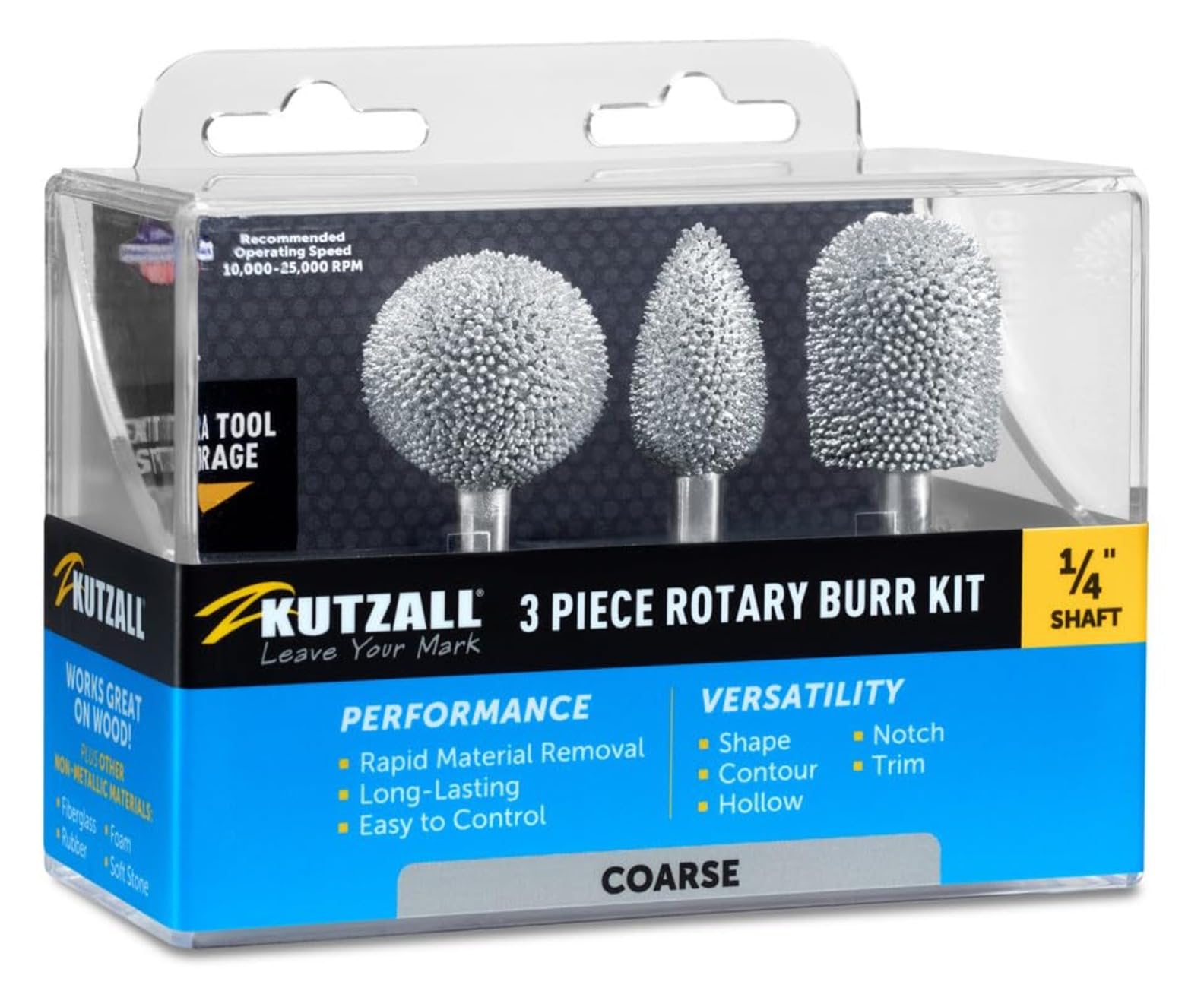 Kutzall 3-tlg. Rotationsfräser-Kit - ¼" Schaft, grob - Holzbearbeitungsaufsatz für Bosch, DeWalt, Makita, Milwaukee Werkzeuge - Strukturiertes Hartmetall