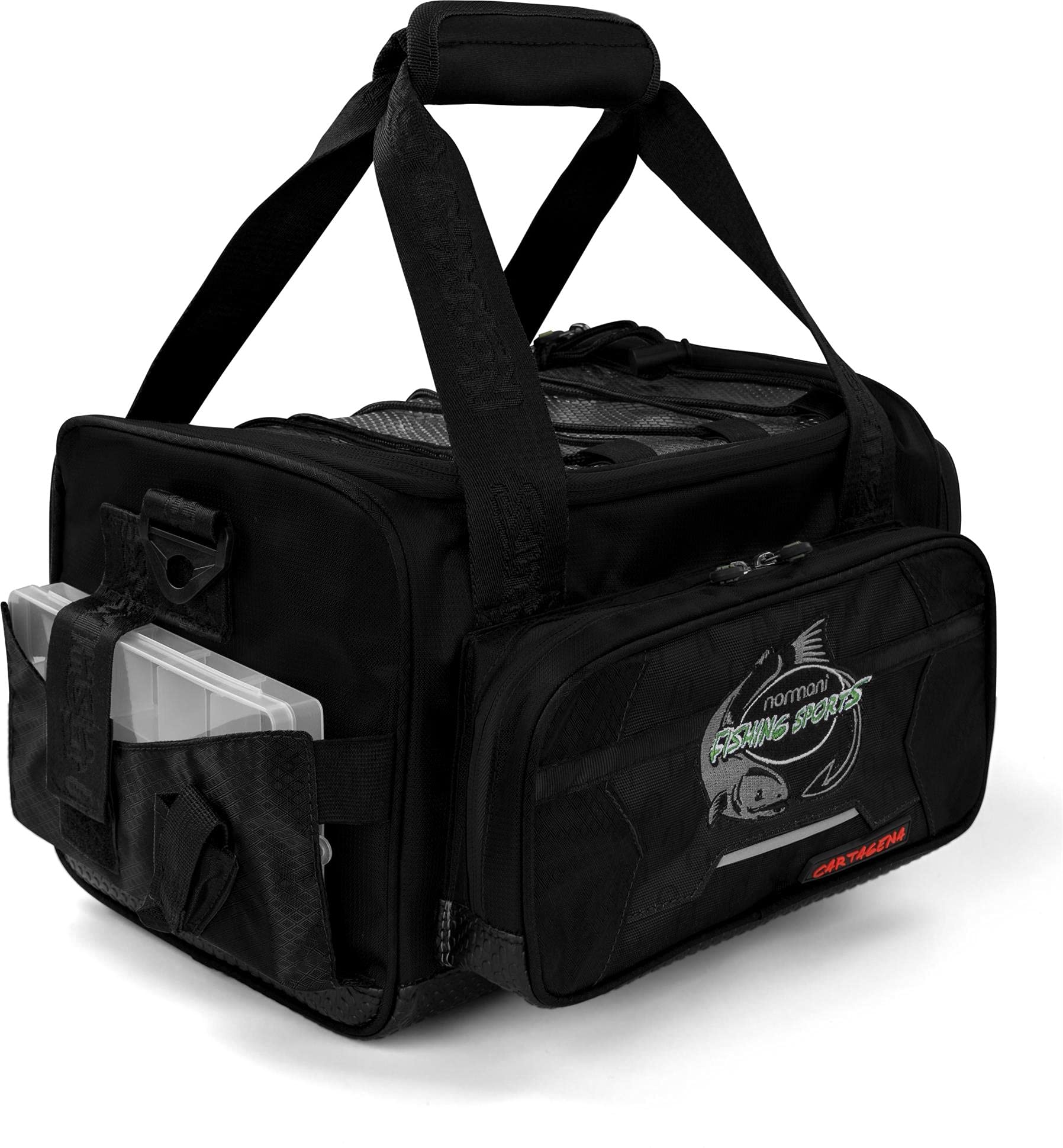 normani Angeltasche Anglertasche mit Kunstköderboxen Fischertasche Karpfentasche Spinnangeltasche Forellentasche mit 4 Geräteboxen Tackle Bag Dunkelschwarz OneSize