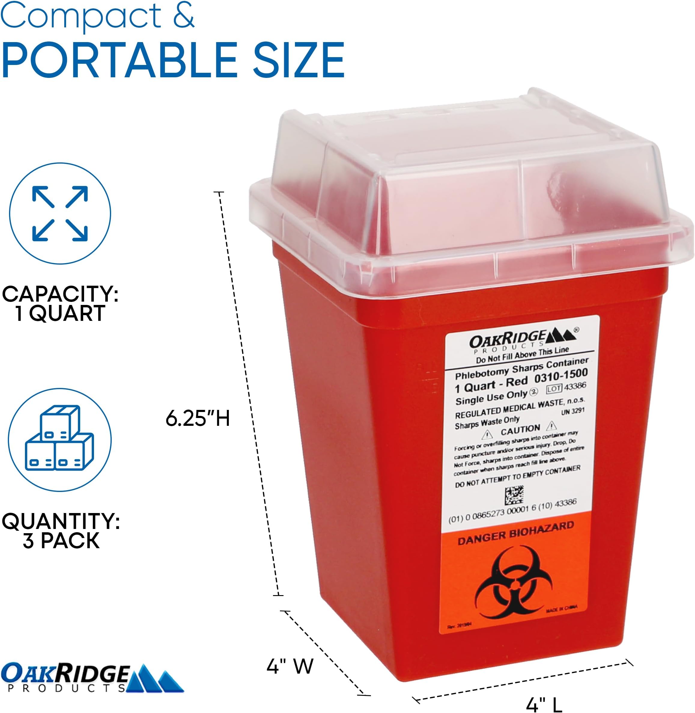 Oakridge Products Sharps Container for Home Use and Professional 1 Quart (10-Pack), Biohazard Needle and Syringe Disposal, Small Portable Container for Travel, CDC Certified