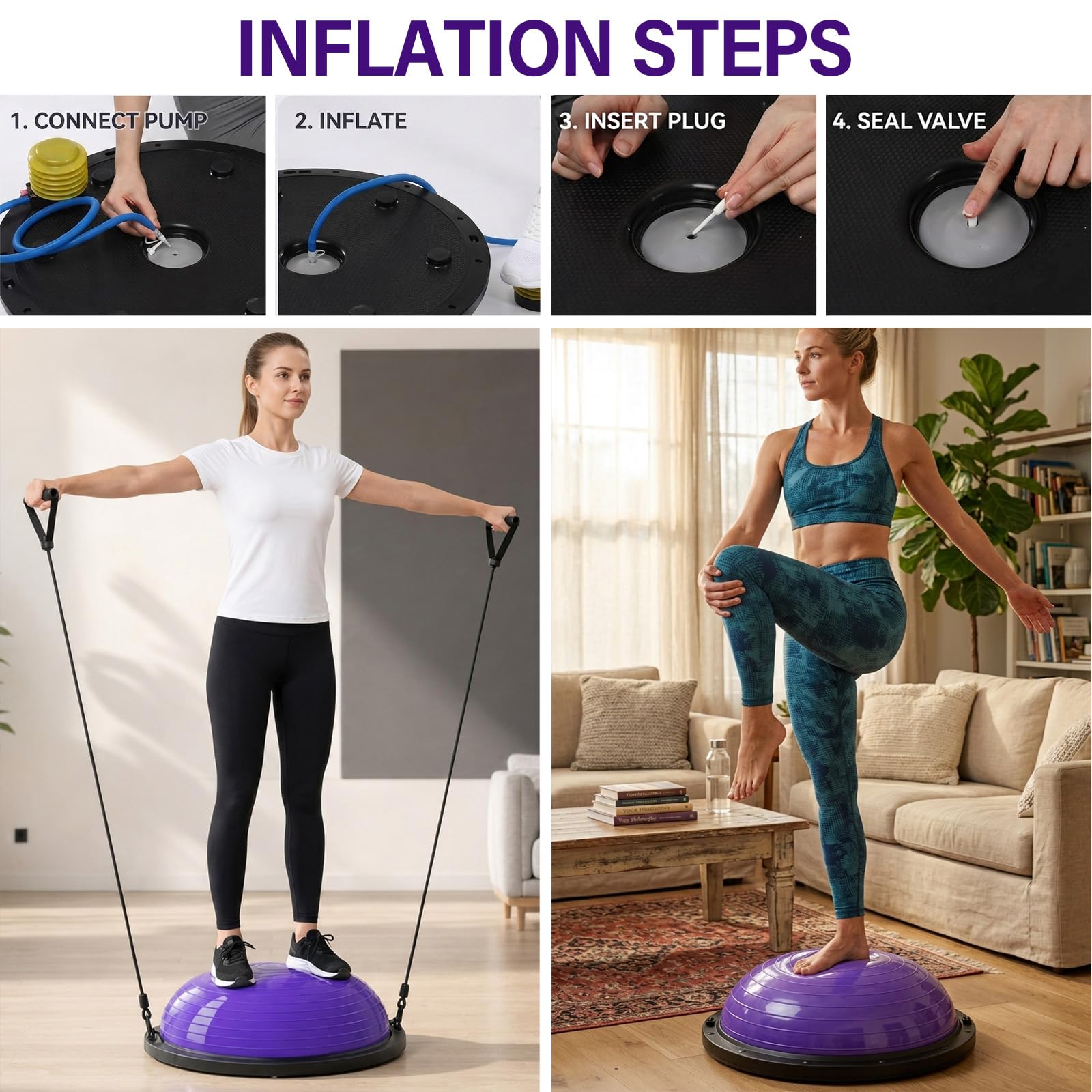 Balón de equilibrio, entrenamiento de equilibrio de yoga, soporta hasta 300 kg, media pelota de equilibrio con bomba y 2 bandas de fitness