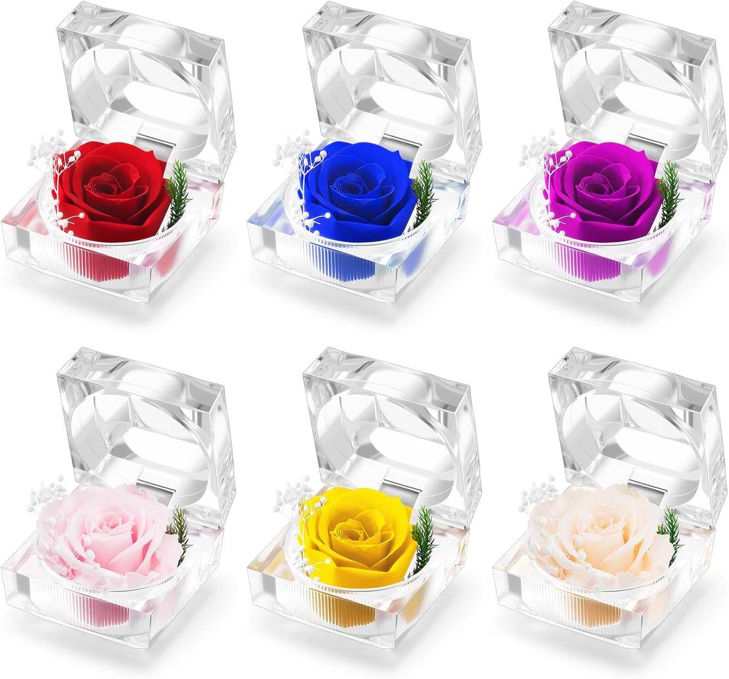 LemonRoad 6 Pcs Eternal Rose in Clear Box Valentine's Day Preserved Mini Flower Gifts in Ring Box Anniversary Mother's Day Birthday Real Flower Gifts for Women Mom Wife Girlfriend