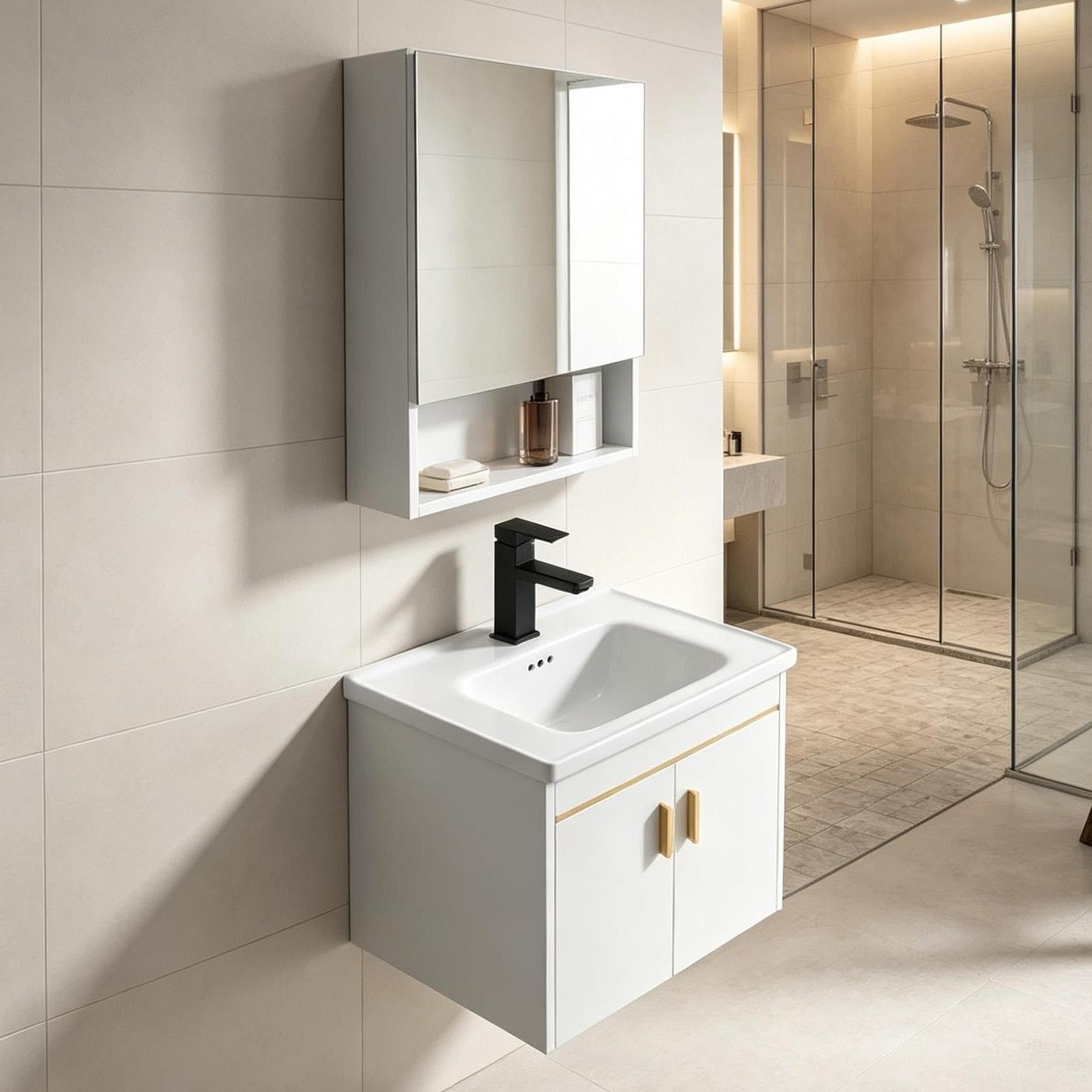 Tocador De Baño Montado En La Pared con Mueble con Espejo Y Lavabo