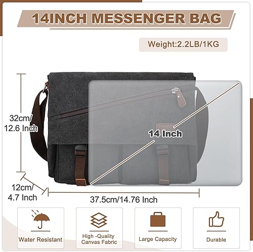 Miniatura 2 de RAVUO Bolso de mensajero para hombre, bolsa de lona resistente al agua de 14, 15.6, 17 pulgadas, maletines para laptop, bolsa de hombro para negocios