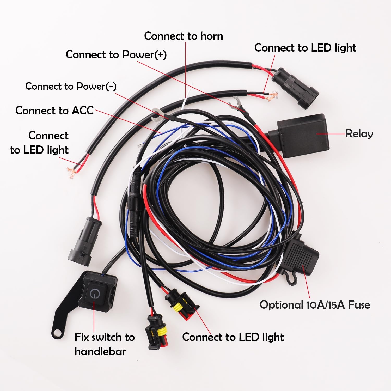 Erato Kit cablaggio luci LED per moto 12V 2 cavi Interruttore on/off Fusibili a lama 10A 15A Relè 40A per fendinebbia Barra luminosa Luci di guida Luci di lavoro ausiliarie