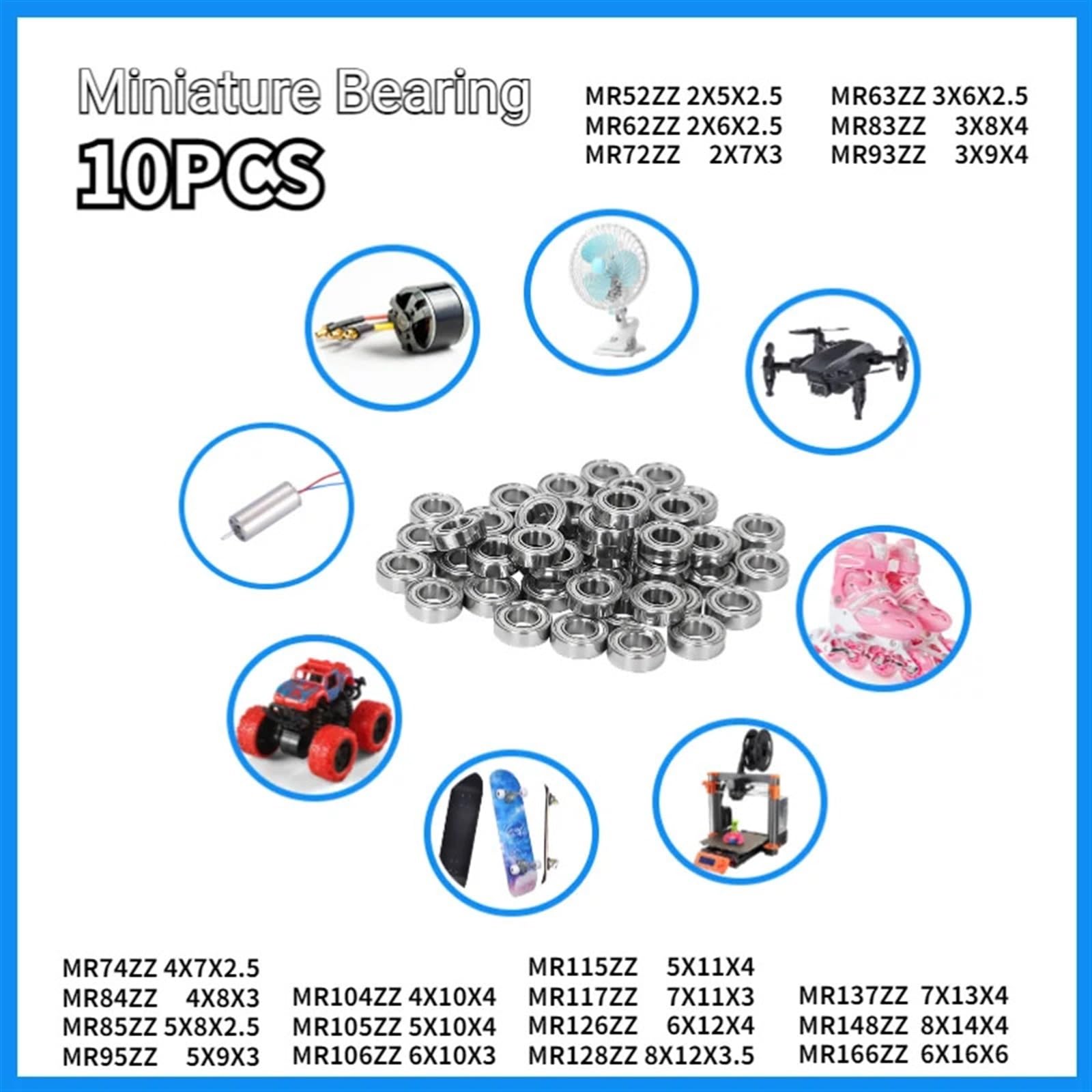 10 piezas de rodamientos en miniatura MR52 62 72 63 83 93 74 84 85 95 104 105 106 115 117 126 128 137 148 166ZZ(Abec 1,MR85ZZ 5X8X2.5)