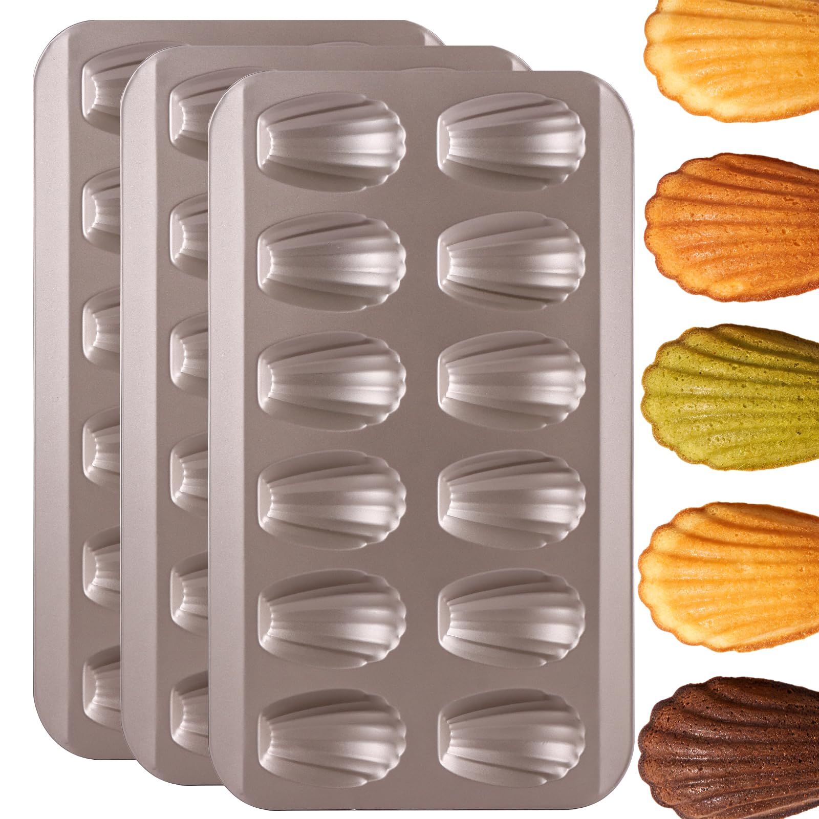 Ghligna 3PCS Madeleines Baking Tray with 12 Hole Cake Mould, 40x22.8x1.5cm Masterclass Baking Trays with Blue Scraper, Nonstick Carbon Steel Madeline Trays for Madeleine, Cake, Chocolate, Cookie