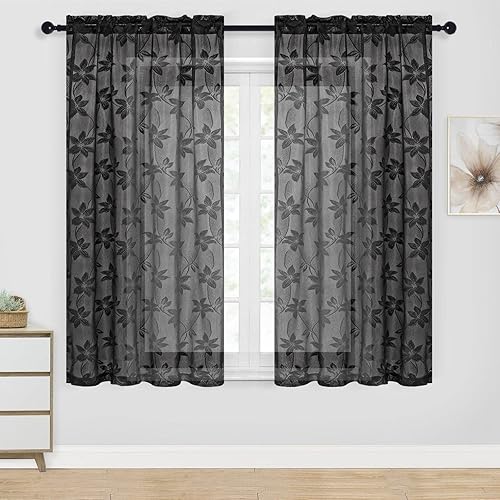 DWCN Cortinas traslúcidas negras Cortinas cortas con diseño de encaje floral y bolsillo para barra, cortinas transparentes de gasa para ventana de