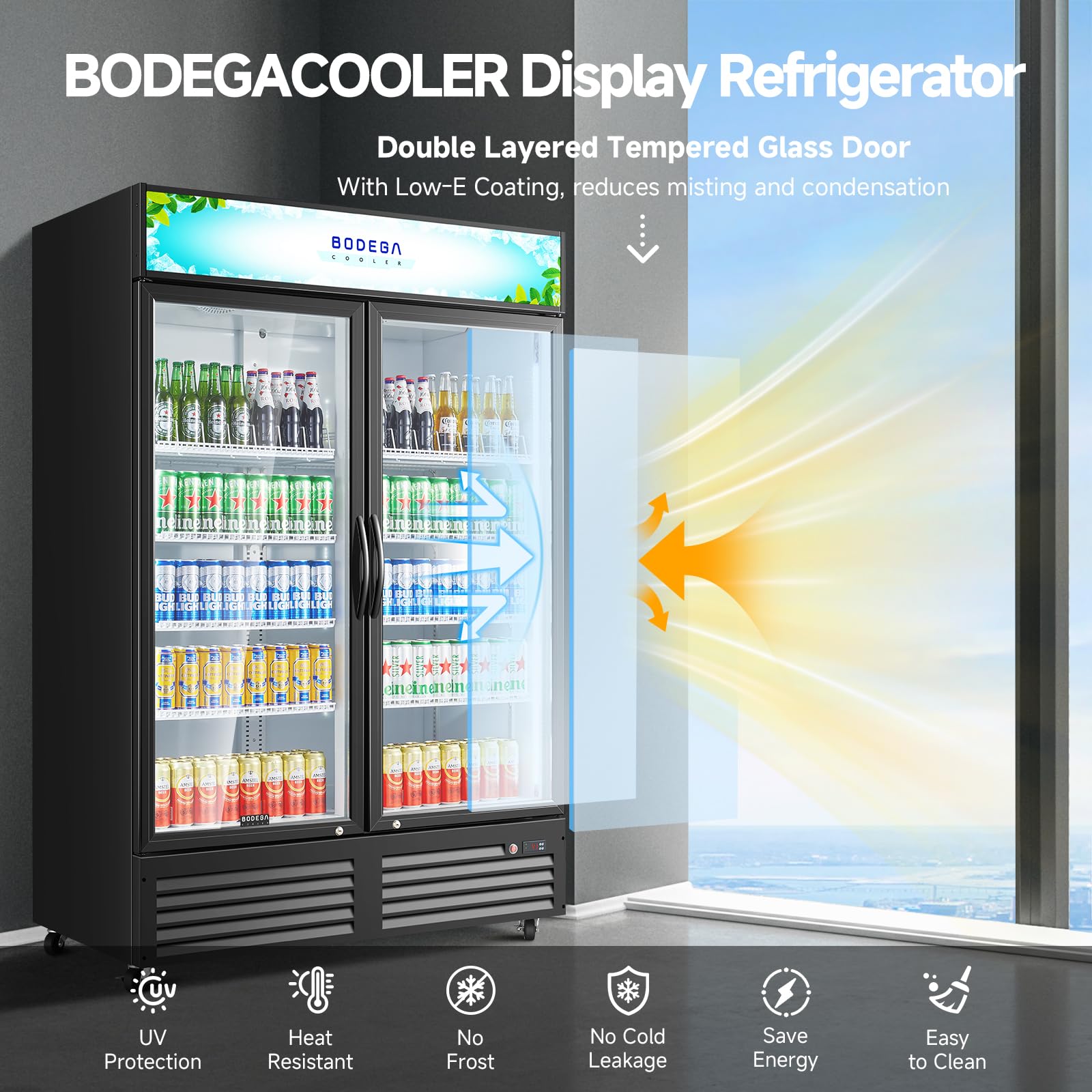 COOLER - Refrigerador comercial comercial, refrigerador comercial de bebidas de 2 puertas de vidrio, enfriador de exhibición de bebidas de 40 pies cúbicos con luz LED suave, estantes ajustables 4