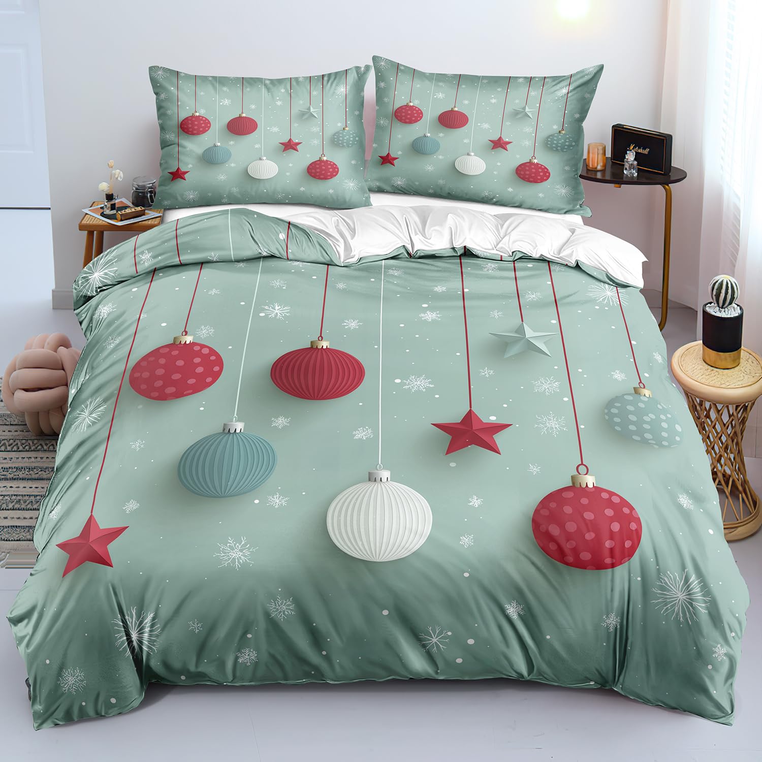 Parure de lit de Noël 200x200 cm : housse de couette microfibre facile à motifs boules rouges