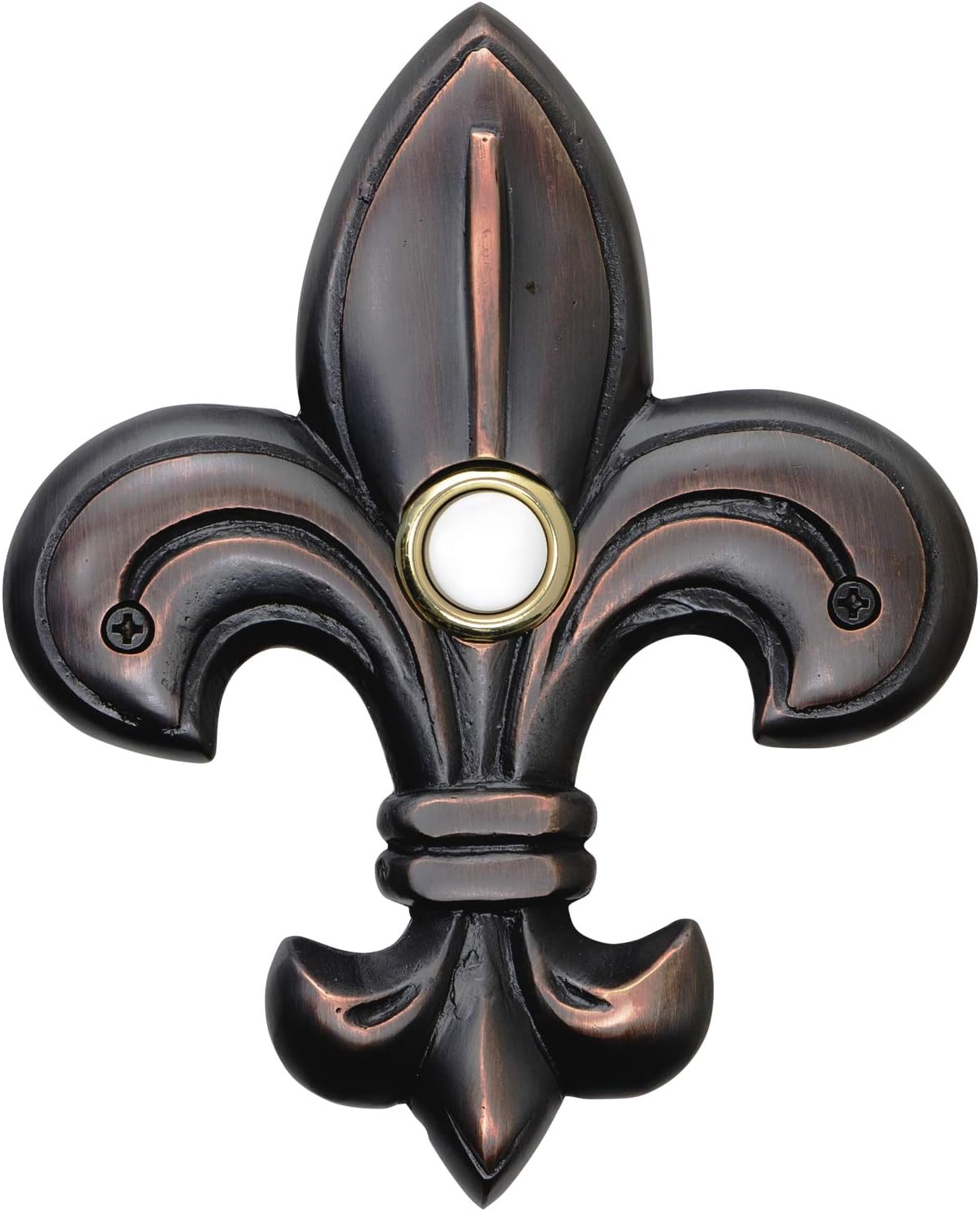 Solid Brass Medium Fleur De Lis Doorbell in Oil Rubbed Bronze - Wired & Illuminated Push Button - Environmentally Friendly Recycled Material