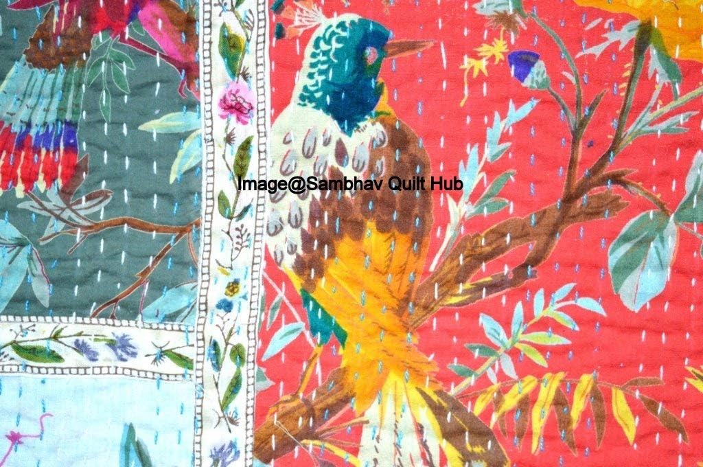 Queen/Twin/King Handmade Patchwork Less Birds Print Throw Reversible Blanket Indian Kantha Quilts Ethnic Stitched Bedcover Bohemian Floral Print Kantha Comforter Quilting Kantha (60X90 inches)