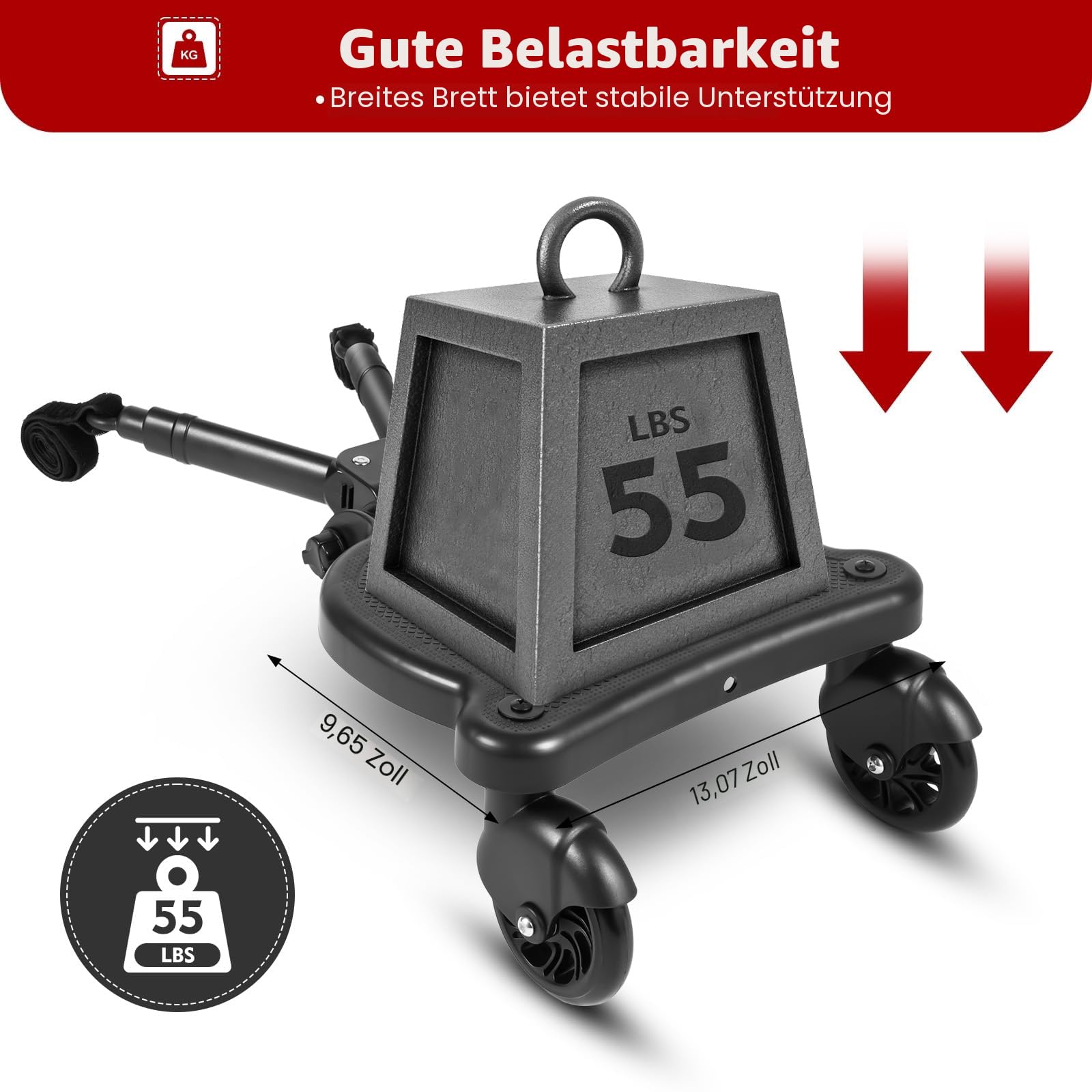 Buggy Board mit Sitz, universelles Trittbrett für Kinderwagen mit 360°-Zweirad-Design, belastbar bis 25 kg, Mitfahrbrett universal passend für alle Kinderwagen