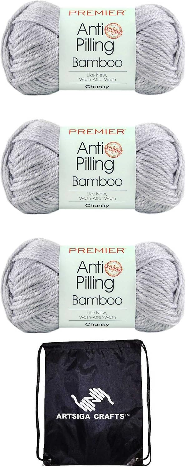 Premier Yarns Bamboo Chunky Earl Gray 1085-04 (3-Skeins - Same Dye Lot) Chunky Bulky #5 Anti-Pilling Acrylic Yarn for Crocheting and Knitting with Project Bag