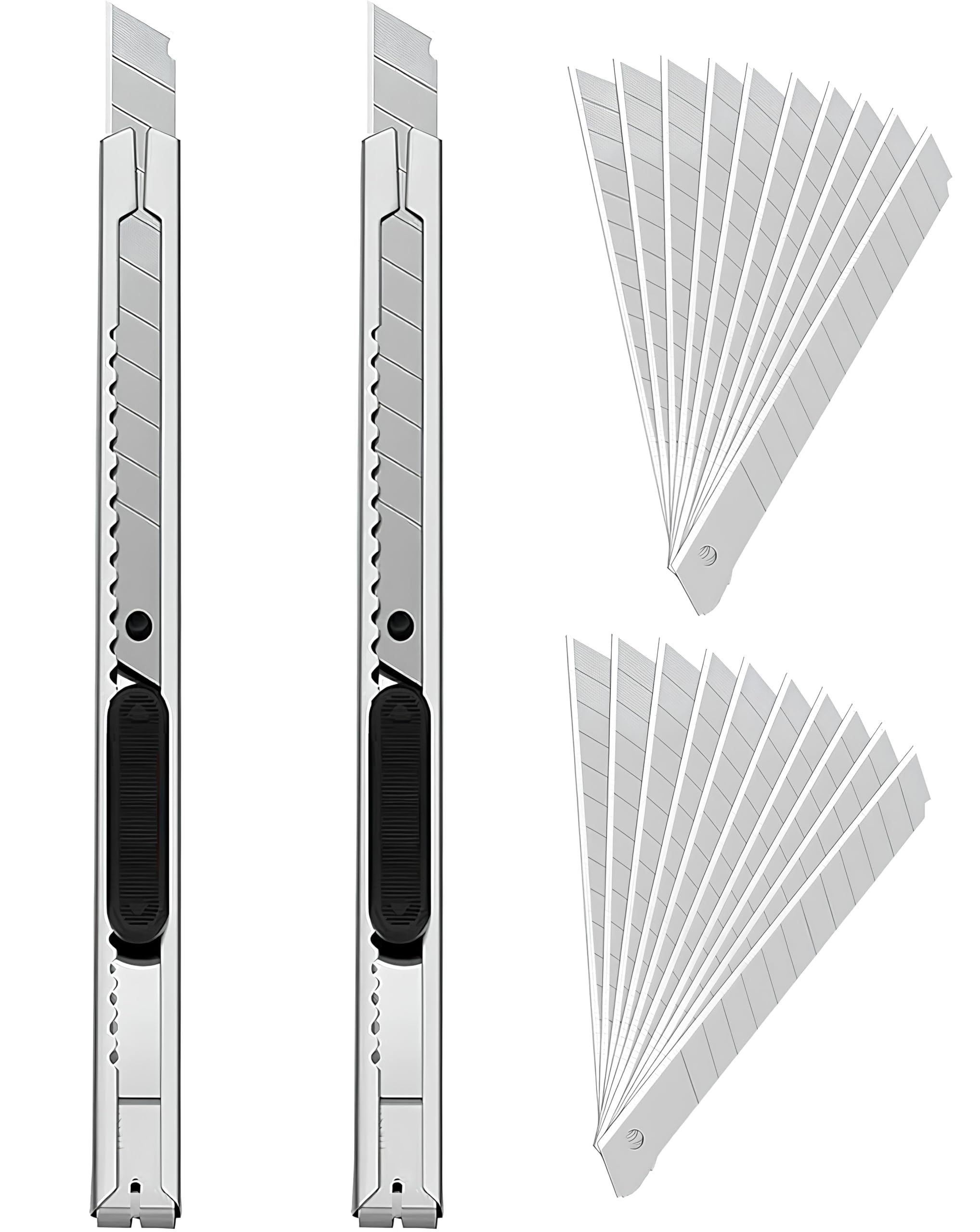 2 pieza Cúter Profesional de Acero Inoxidable con 20 piezas Hojas Repuesto de 9mm a 60 Grados, Cutter Retráctil para Cortar Vinilo, Cuchillas para Corte Preciso en Manualidades