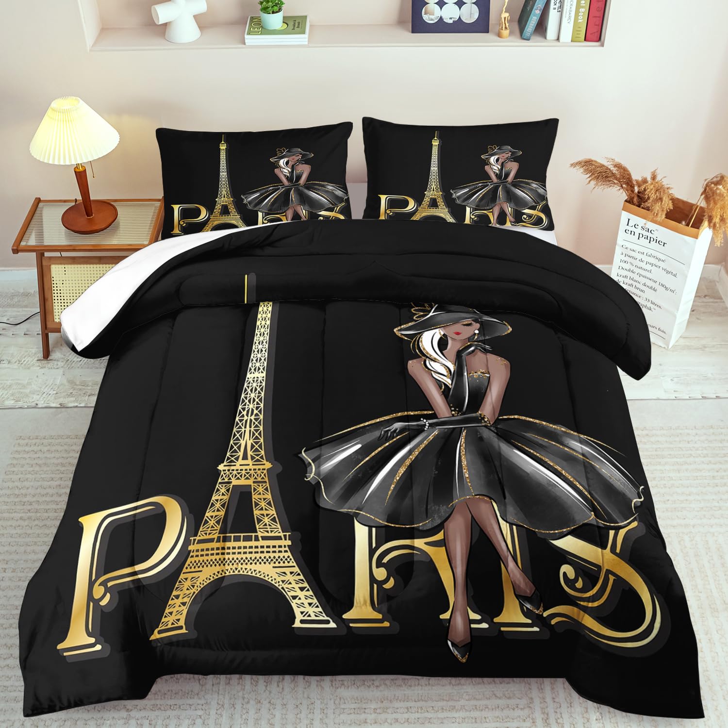 Paris Comforter Set King Fashion Girl Comforter for Couple Paris Bedding Set Girls Gold Eiffel Tower Bedding Women Boho Quilt Fashion Aesthetic Room Decor Elegant Home Decor