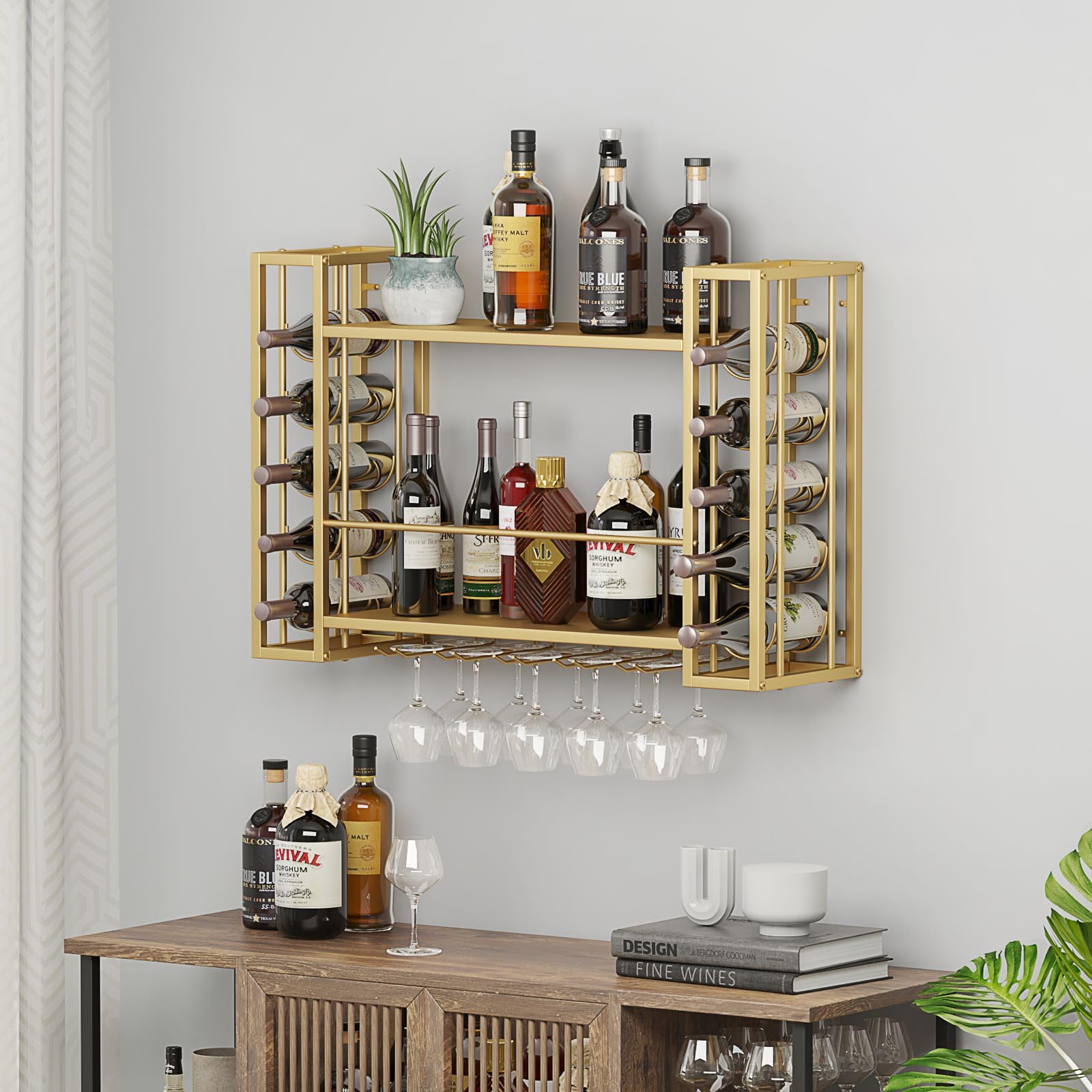 Gold Wall Mounted Wine Rack with Glass Holder -3