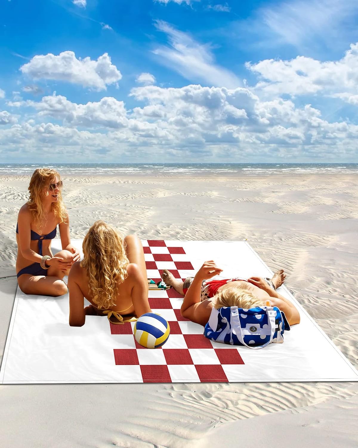 Farm Red White Buffalo Lattice Beach Blanket Waterproof Sandproof Outdoor Picnic Mat 108"x84" Farmhouse Festival Lightweight Large Beaach Blankets with 4 Stake & 4 Corner Pockets