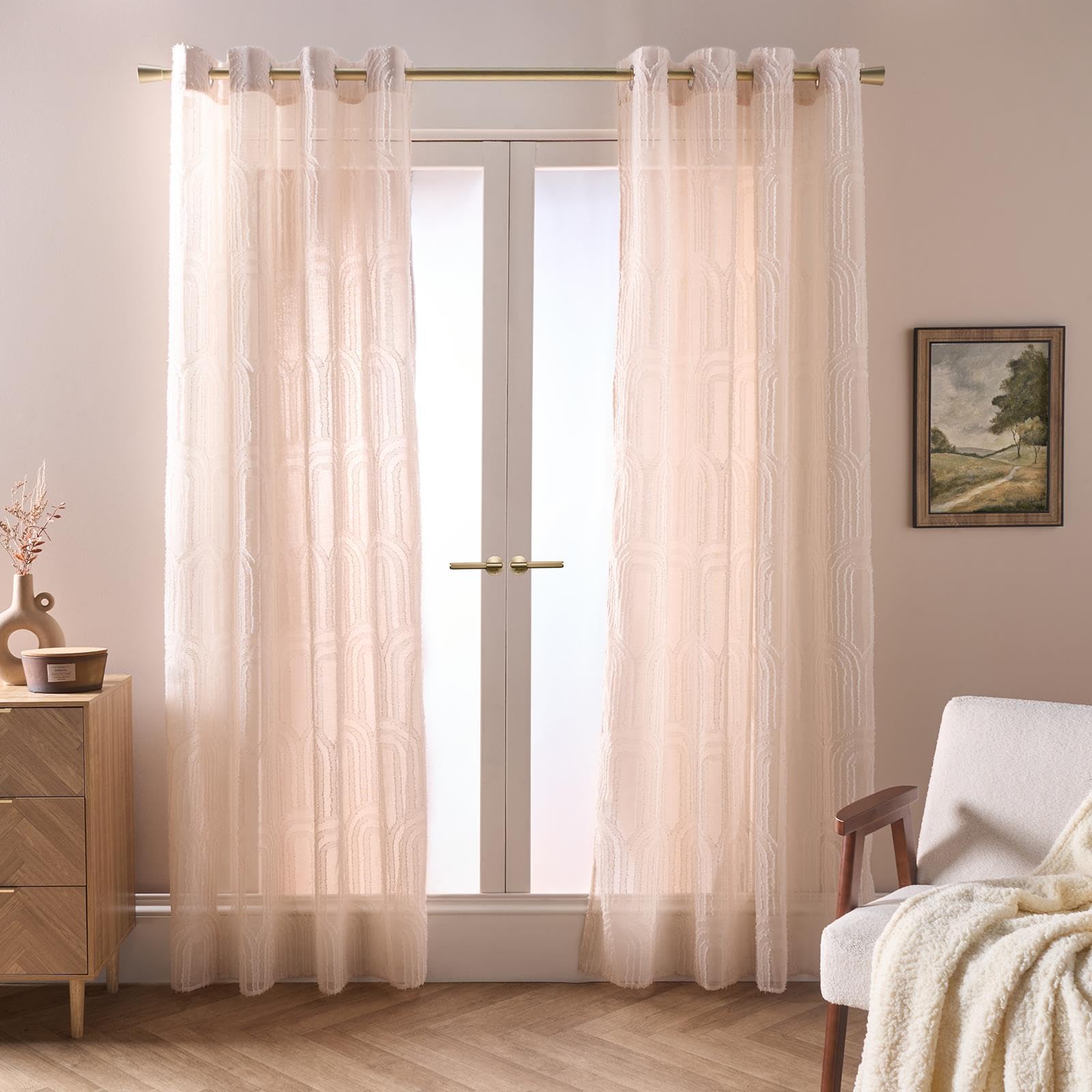Ohs Natural Voile Curtains, 87 Drop 2 Panels Net Curtain For Windows Decorative Tufted Arches Transparent Eyelet Ring Top Sheer Curtains For Living Room Bedroom 55" X 87",