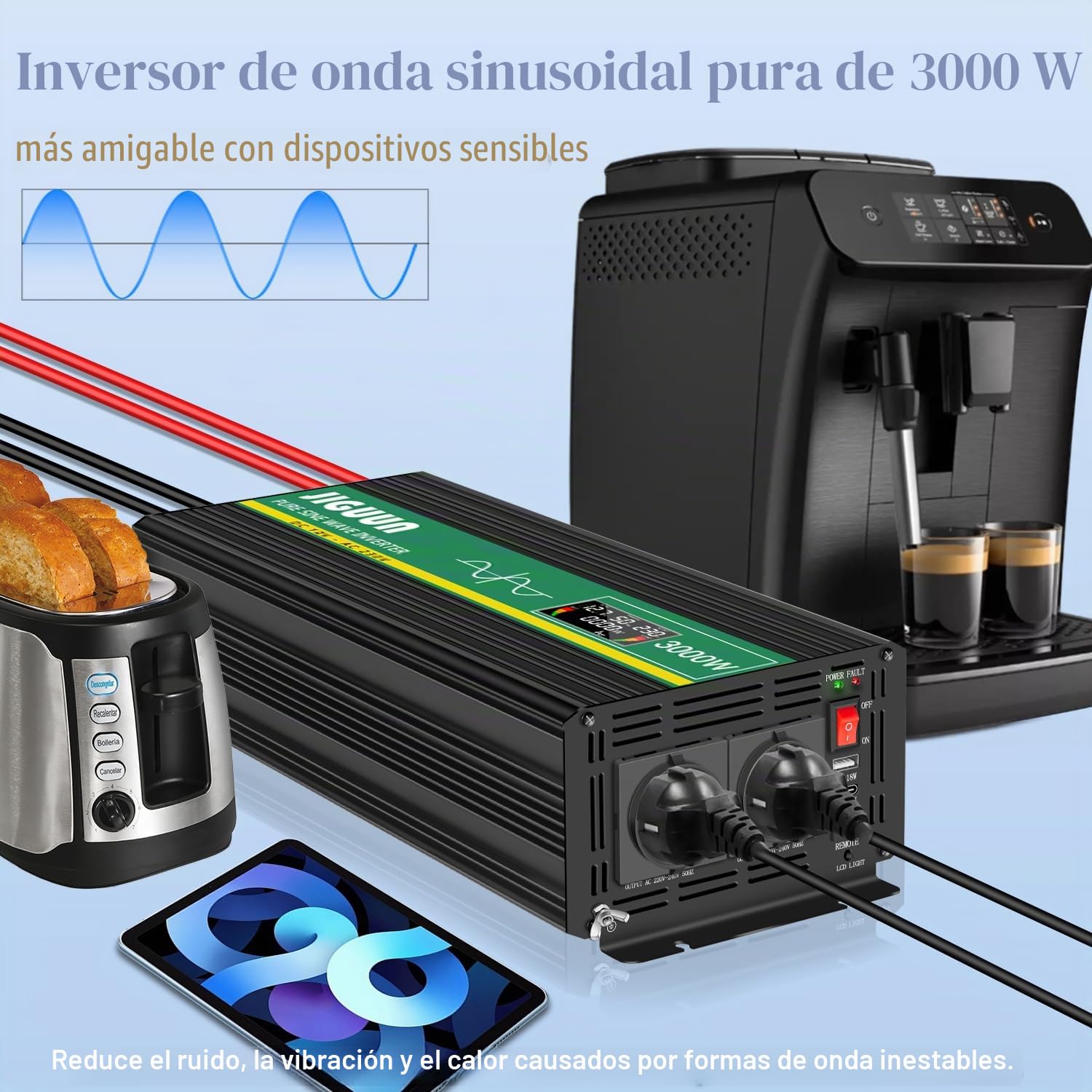 JIGUUN 3000W Inversor 12V 220V Onda Pura Convertidor Inverter con 2 Tomas UE y un USB ，Mando a Distancia e indicador LCD，Potencia máxima 6000W para RV, Viajes, emergencias (3000W12V-P)