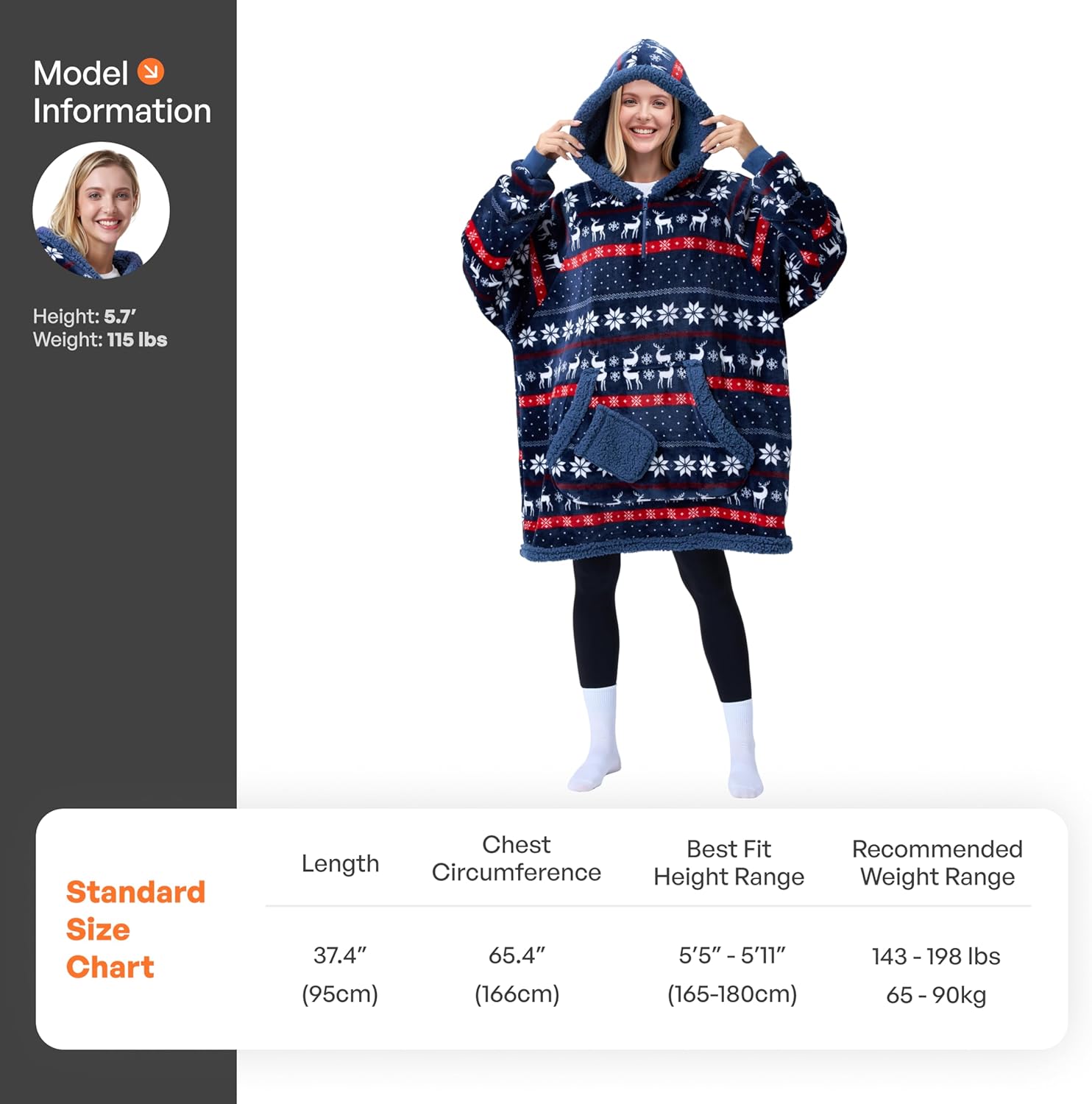 Giggling Getup Wearable Blanket Hoodie for Adults Gifts for Teen Girls Sister Women Sherpa Fleece Printed Hooded Blanket Sweatshirt Warm Cozy with Pocket & Sleeves Blue Christmas Nordic - Image 4