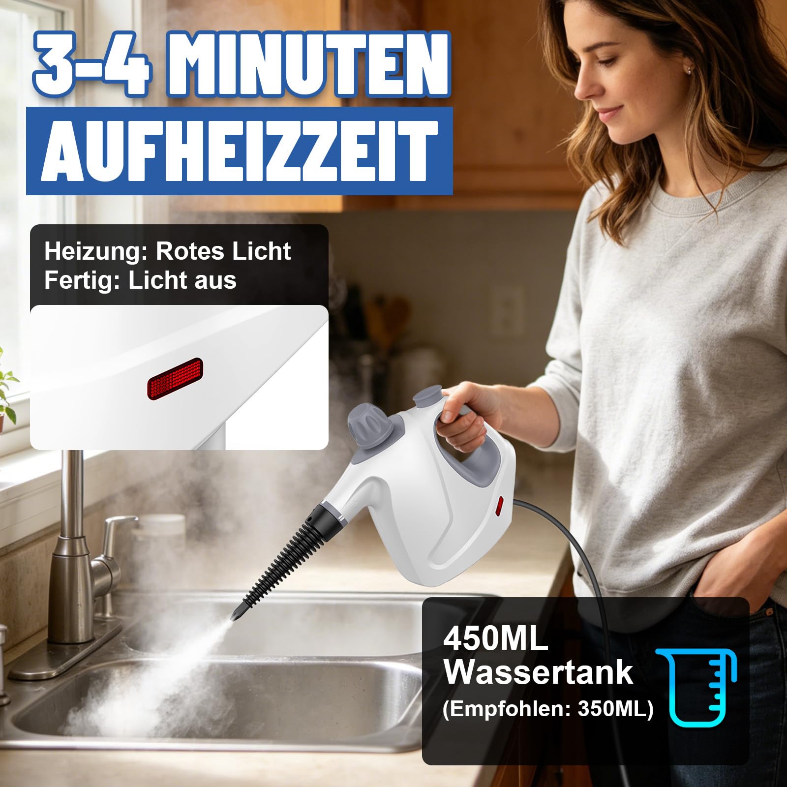 Vaporeta Limpieza Hogar, 1050W 3,2Bar 110°C, Depósito 450ML, Vaporeta de Mano con 10 Accesorios, 100% Sin Químicos, Limpiador Vapor Portátil para Casa, Sofa, Coche, Azulejos, Juntas, Grasa & Suciedad