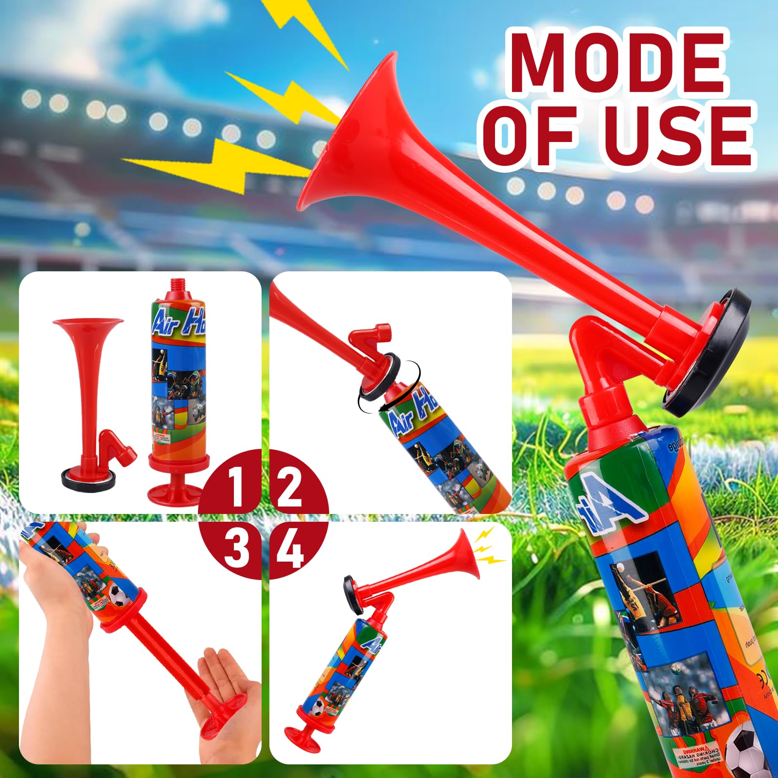 Lot de 2 klaxons à air rouges : klaxon de stade réutilisable - Utilisation polyvalente comme klaxon dans le trafic routier, jeux de football
