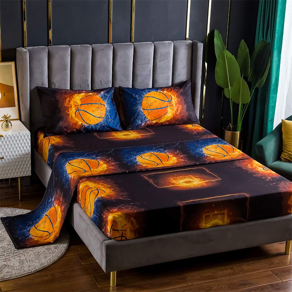 RORA Bed Sheet 3 Piece Set 1 Flat+1 Fitted+1 Pillowcases-3D Sports Basketball Microfiber Bedding Sheet-Twin Size