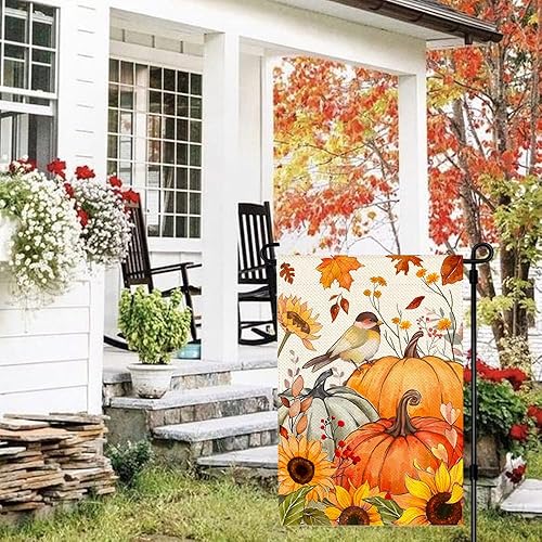 Miniatura 3 de Bandera de jardín de calabazas de pájaro de otoño de 12 x 18 pulgadas, doble cara exterior, hojas de girasol de otoño, cosecha de Acción de Gracias,