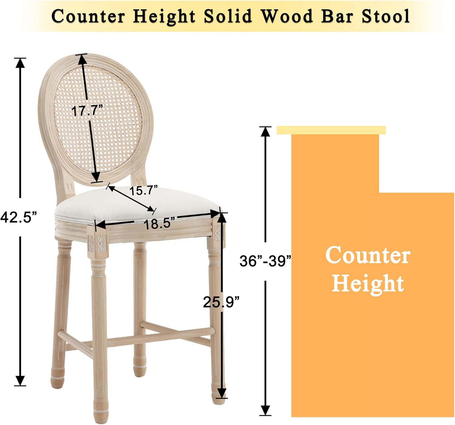 Solid Wood Bar stools Set of 2, Classic French Country Wooden Barstools with Upholstered Seating, 26” Kitchen Bar Stool for Bar Counter (Rattan - Beige, 26")