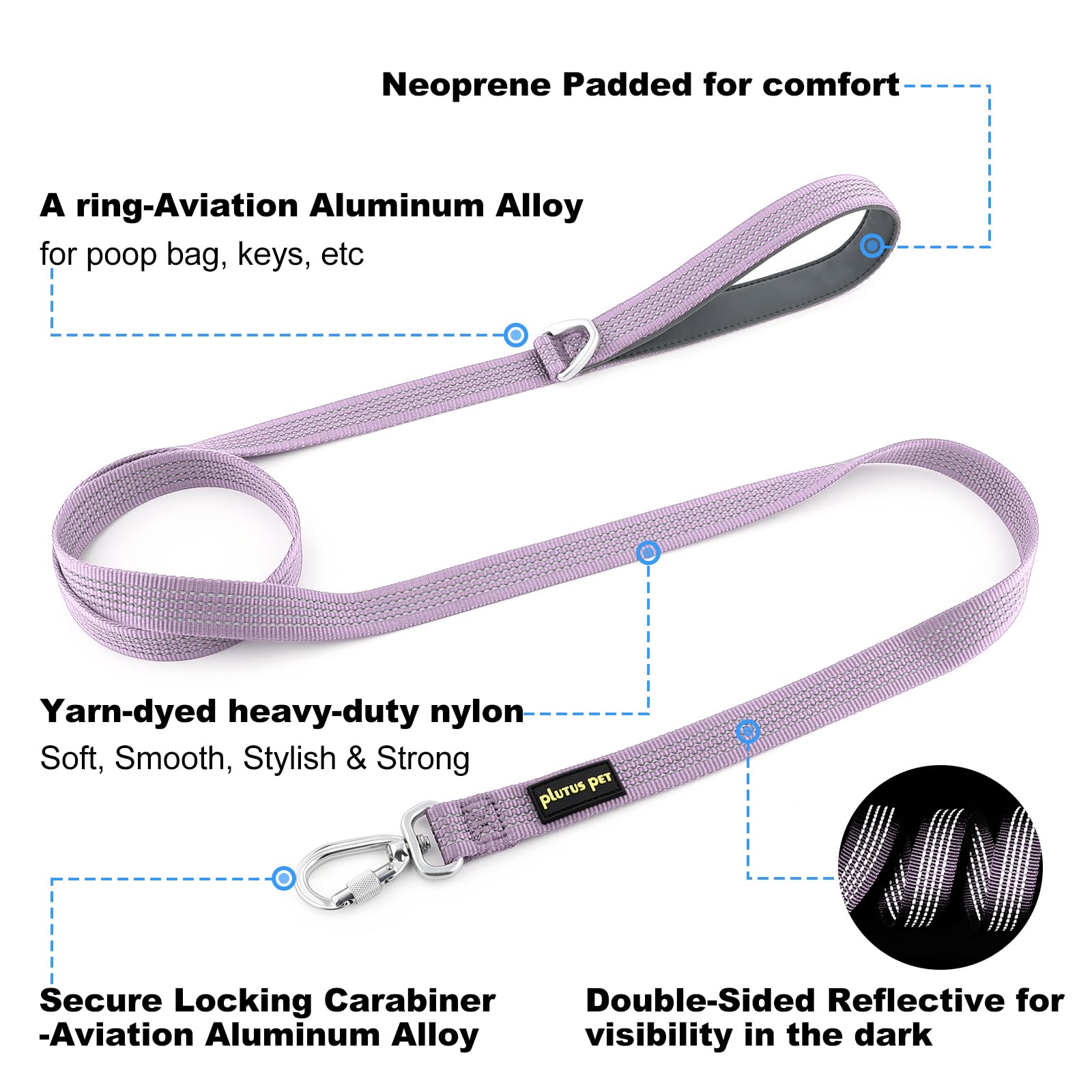Plutus Pet Heavy Duty Dog Lead with Lockable Aluminum Carabiner, 4/6 Feet Long, Double-Sided Reflective Nylon, Padded Handle - Image 2