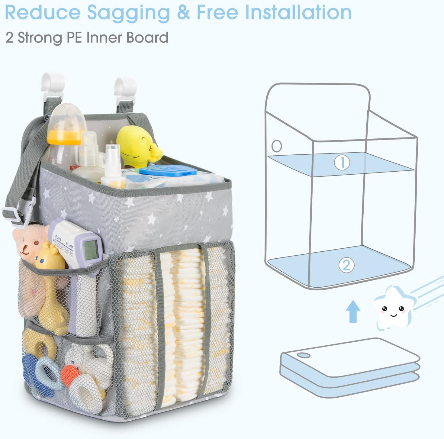 Maliton Changing Table Diaper Organizer - Baby Hanging Diaper Stacker Nursery Caddy Organizer for Cribs Playard Baby Essentials Storage (Star)