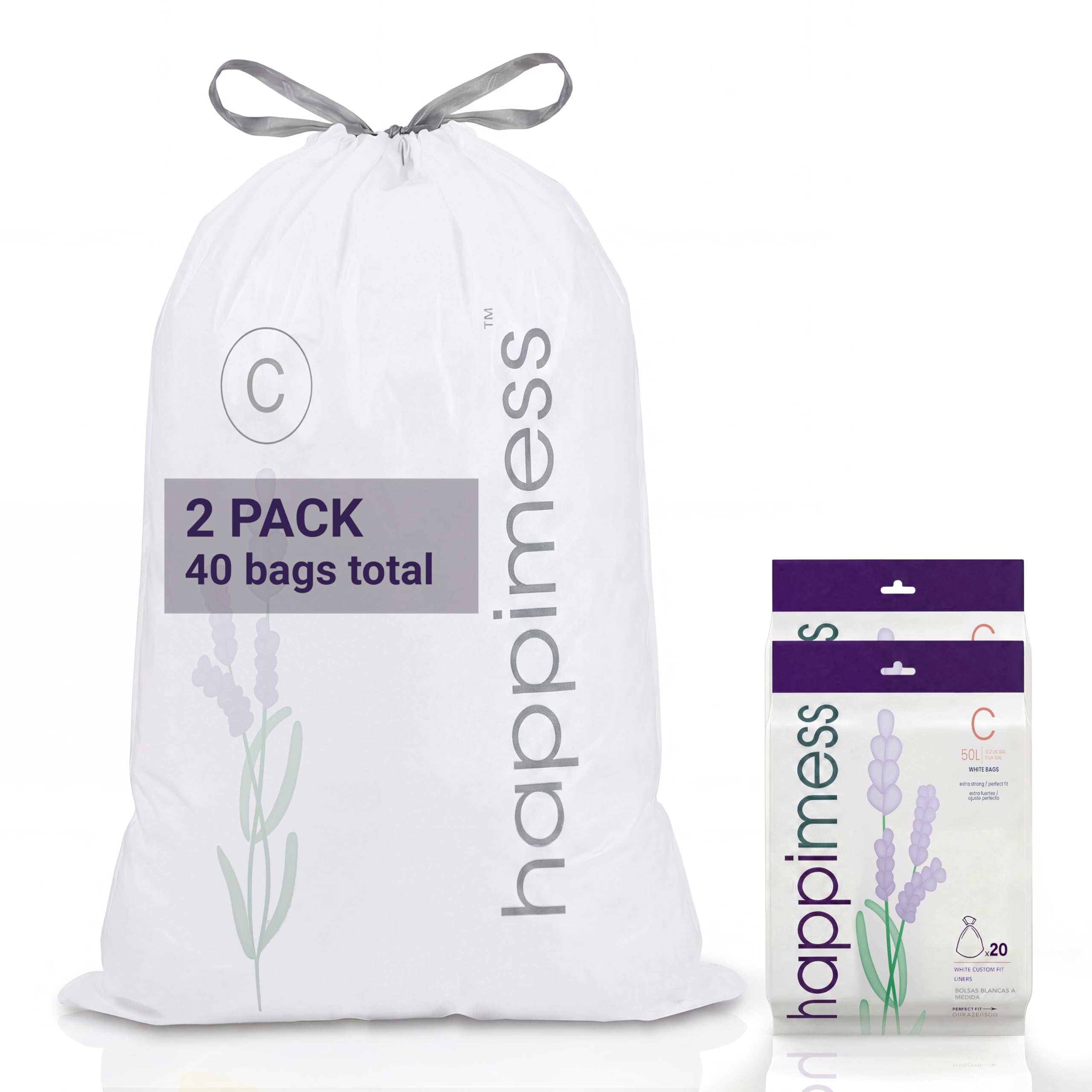 happimess White (Lavender Scented) / 40 Count (Pack of 1) / 13.2 gallons Trash Bags