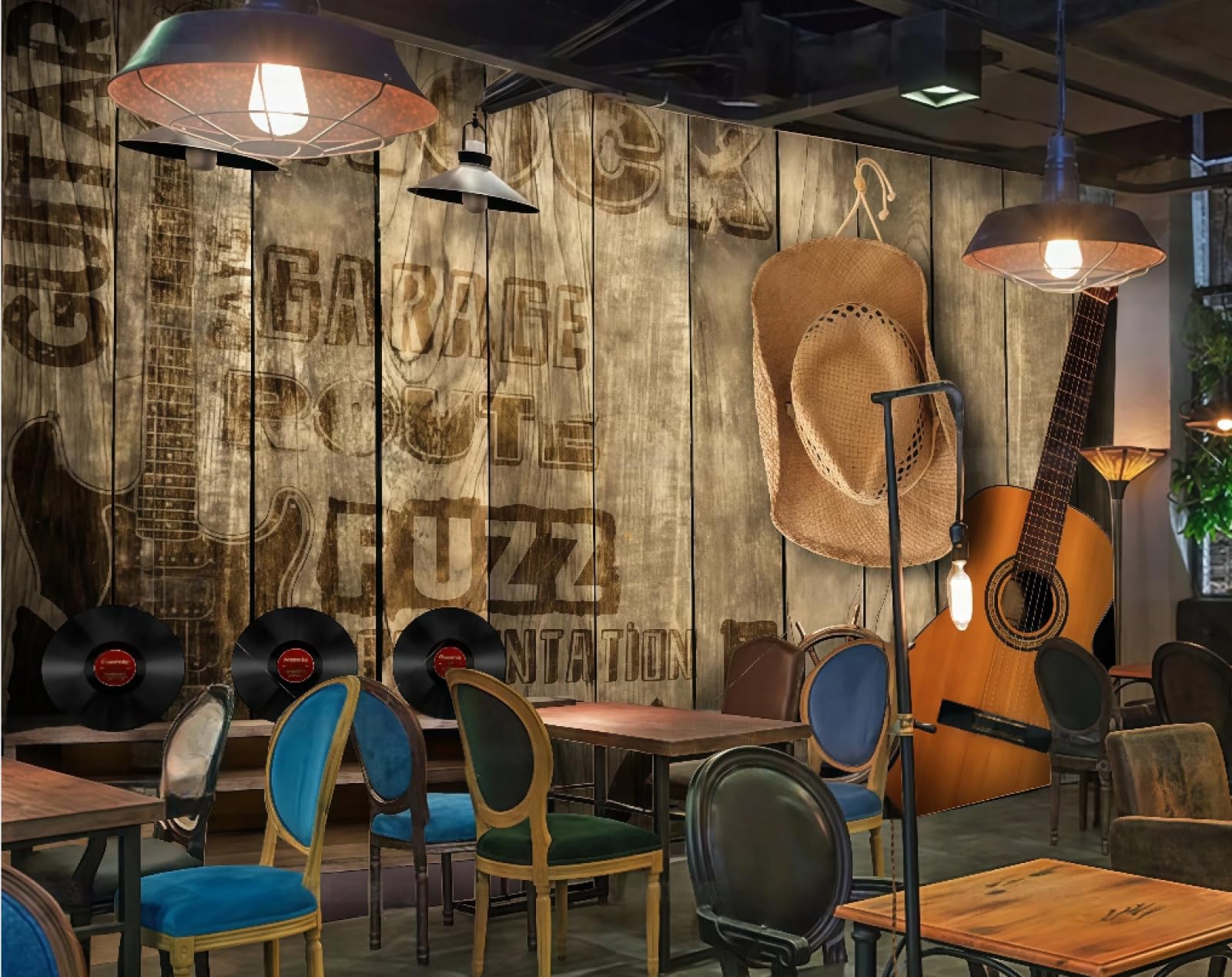 Rskjdghshd 3D Wallpaper Nostalgic Wooden Board Personalized Guitar Cool Music Bar Western Restaurant Background Wall Mural Afternoon Tea Coffee Shop Wallpaper,,400X280cm