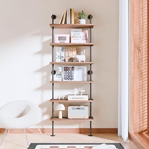 Miniatura 18 de Estantería industrial de 5 niveles, estantería rústica de tubería de metal de madera montada en la pared para sala de estar (marrón envejecido, 10