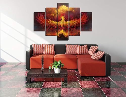 Miniatura 4 de Yatsen Bridge Pintura en lienzo de Fénix de Fuego, 5 paneles, arte de pared de fénix ardiente, cuadros vintage, póster impreso, arte de arte para