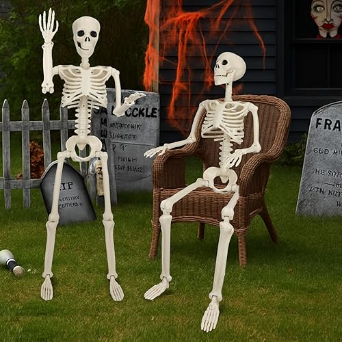 Miniatura 4 de Paquete de 2 esqueletos posables de 36 pulgadas, decoraciones de Halloween esqueleto de tamaño real de 3 pies con articulaciones móviles de cuerpo