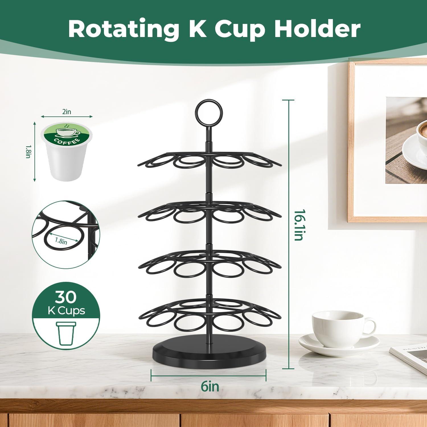 EsLuker.ly K Cup Holder Coffee Pod Organizer Carousel for Counter, Metal Storage Rack Stand for Kitchen, Rotatable 4 Tier Pod Tower Tree for 40 K Cups, Space Saving Meets Elegance, Black